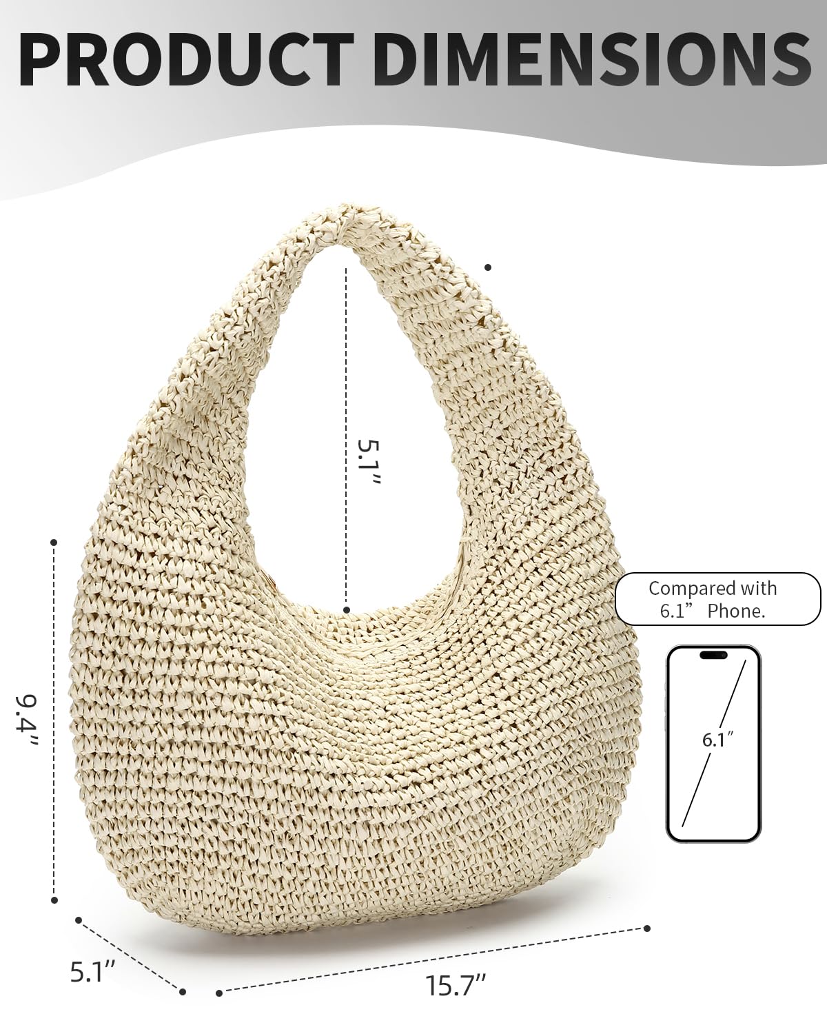 Herald Handmade Crescent Straw Bag for Women, Summer Beach Hobo Raffia Woven Underarm Shoulder Handbag Purse Tote