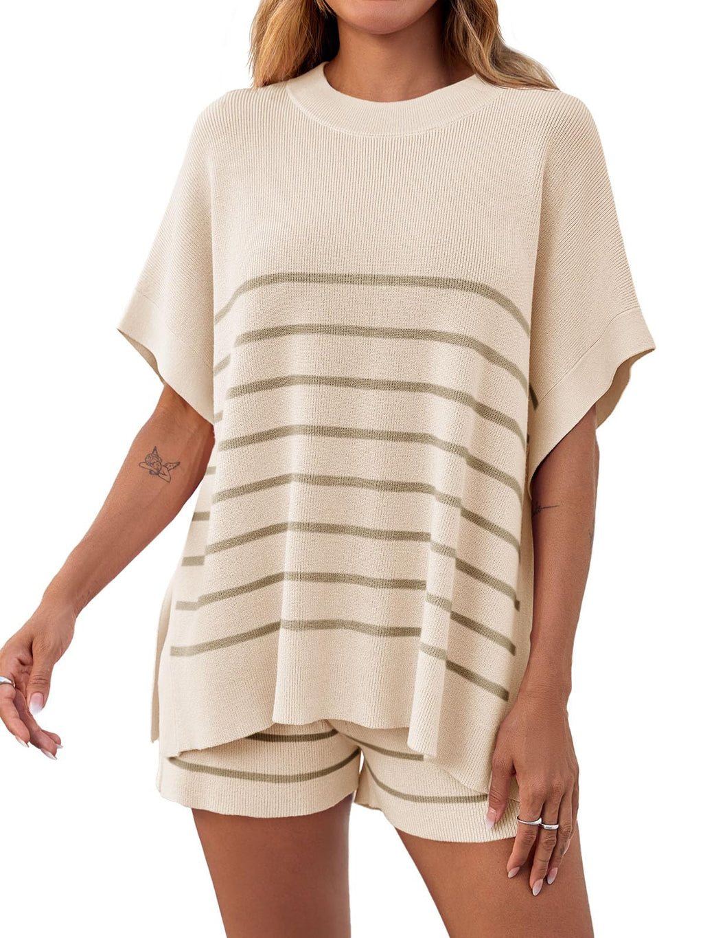 Fisoew Women's Striped 2 Piece Outfits Oversized Batwing Short Sleeve Tops High Waisted Shorts Summer Knit Lounge Short Sets
