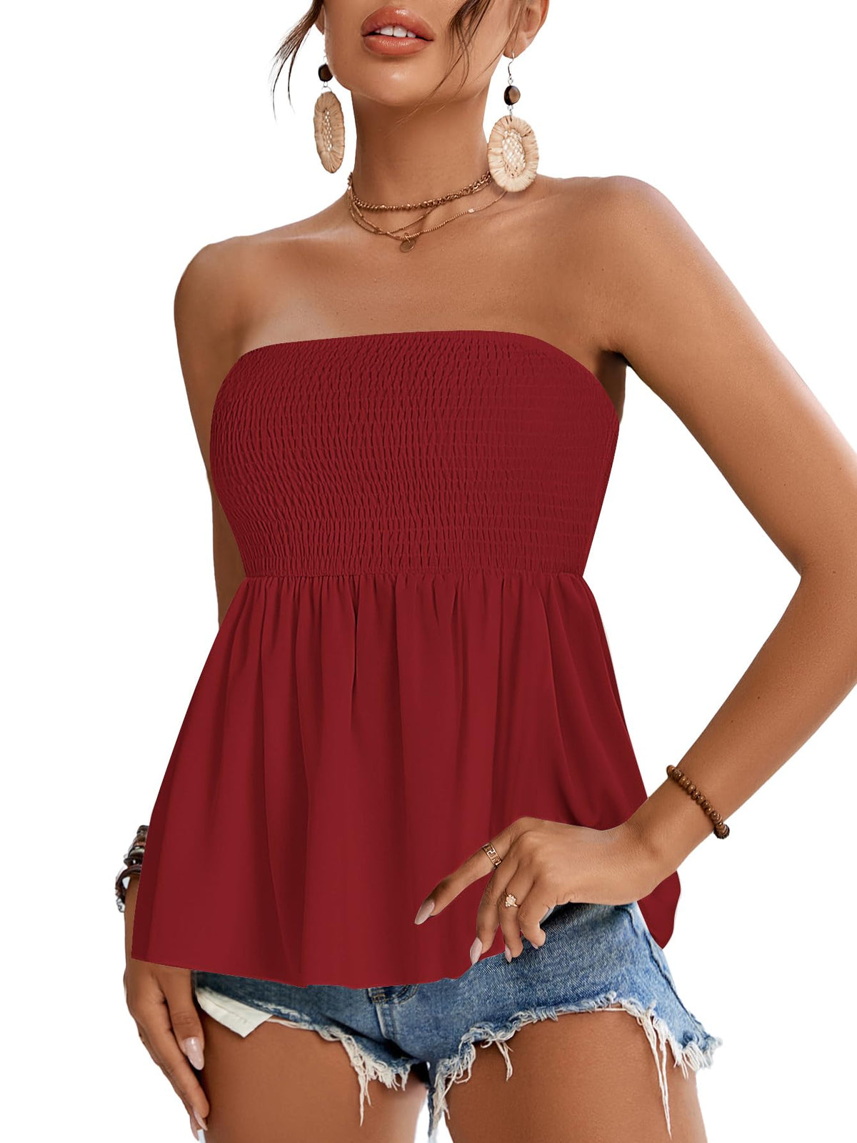 Rooscier Women's Smocked Tube Tops Flowy Ruffle Sleeveless Peplum Bandeau Babydoll Cami Tank
