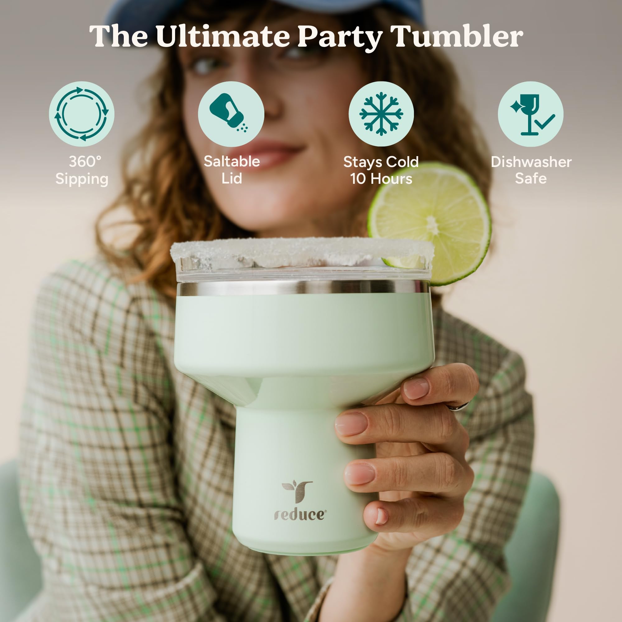 REDUCE Saltini 16 oz Cocktail Tumbler - Insulated Margarita Tumbler with Lid - Keeps Drinks Cold for 10 Hours - 360 Sippable Martini Glass Alternative - Shatterproof, Perfect for Parties - Daiquiri