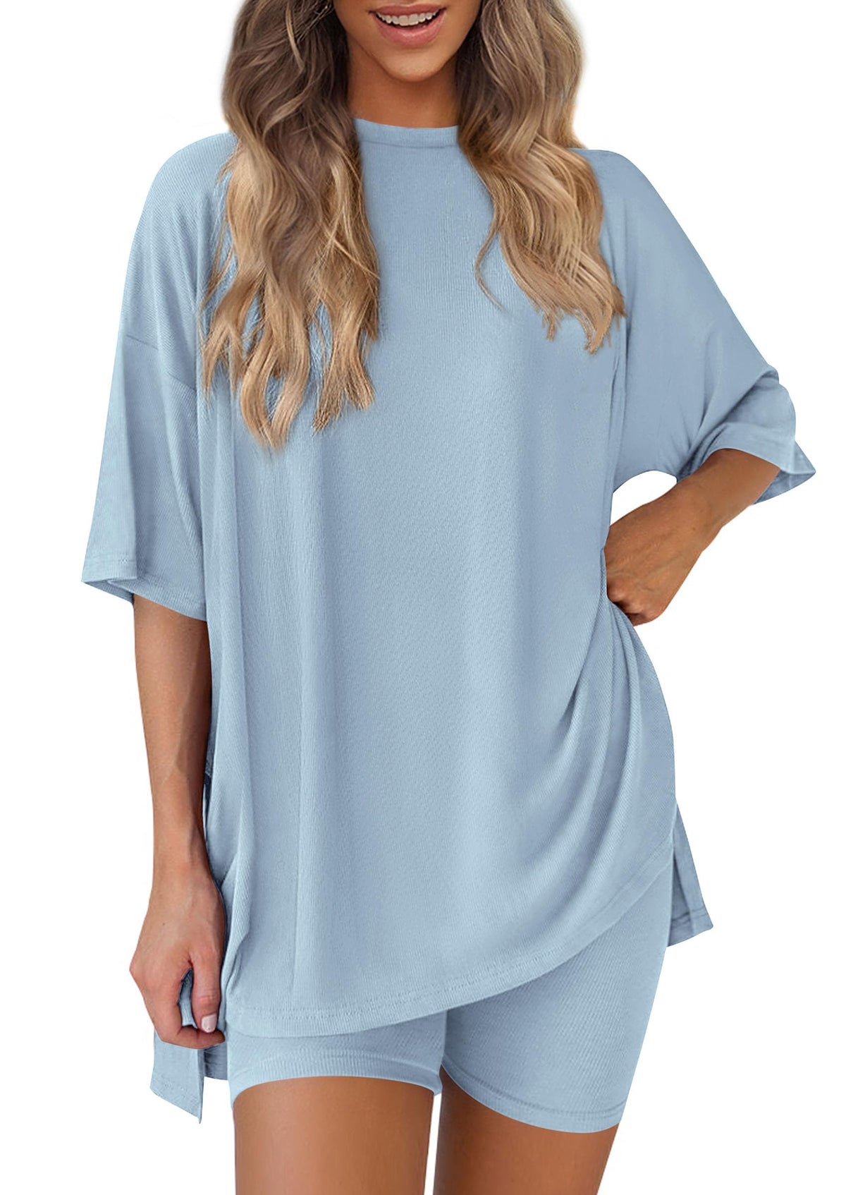 PRETTYGARDEN Women 2 Piece Lounge Set 2026 Summer Casual Oversized Shirts Biker Shorts Matching Airport Travel Outfit Clothes