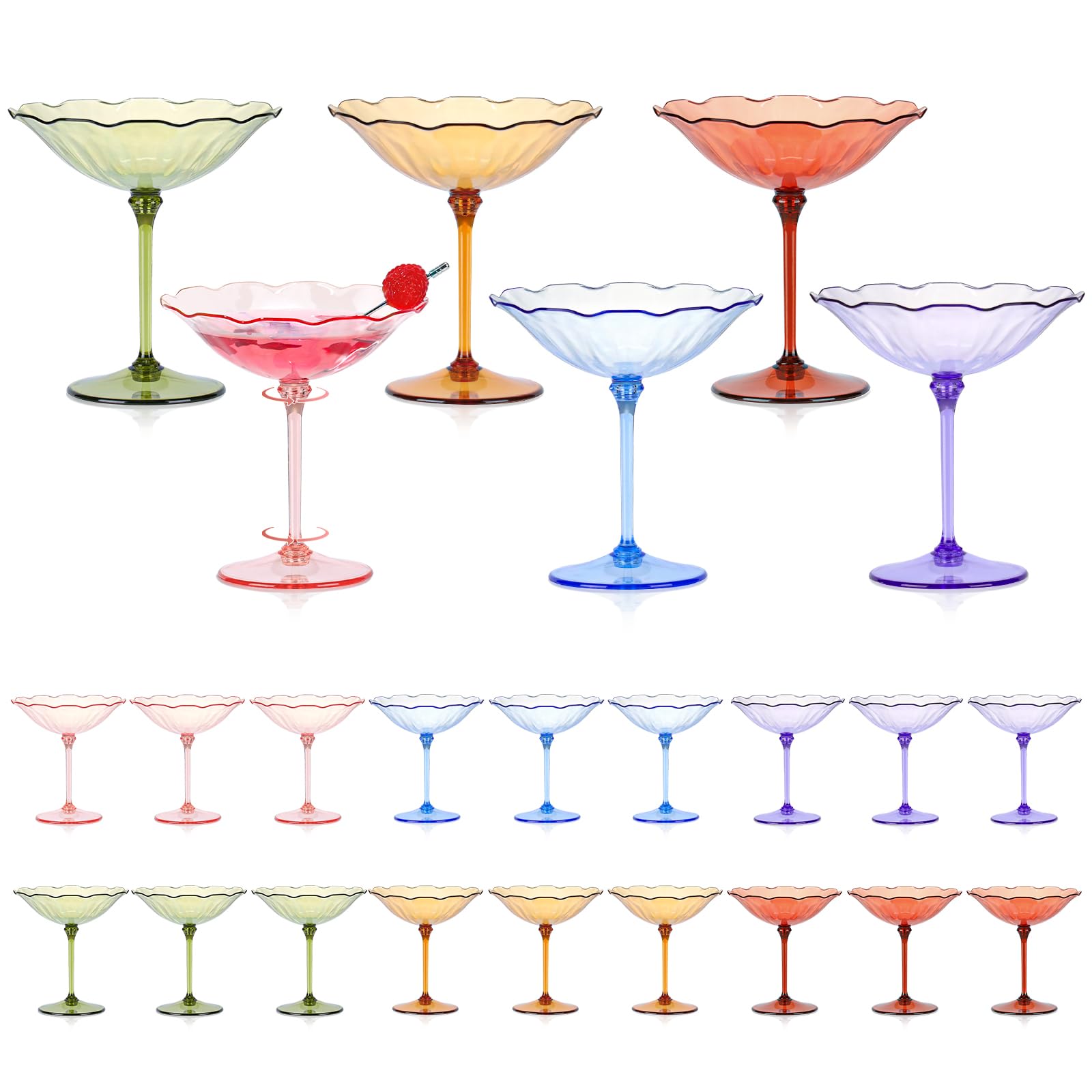 12 Pcs Colorful Plastic Martini Glasses 7oz Flower Cocktail Coupe Glasses 6 Color Disposable Martini Cup Vintage Detachable Dessert Parfait Glassware for Wedding Birthday Bachelorette Party