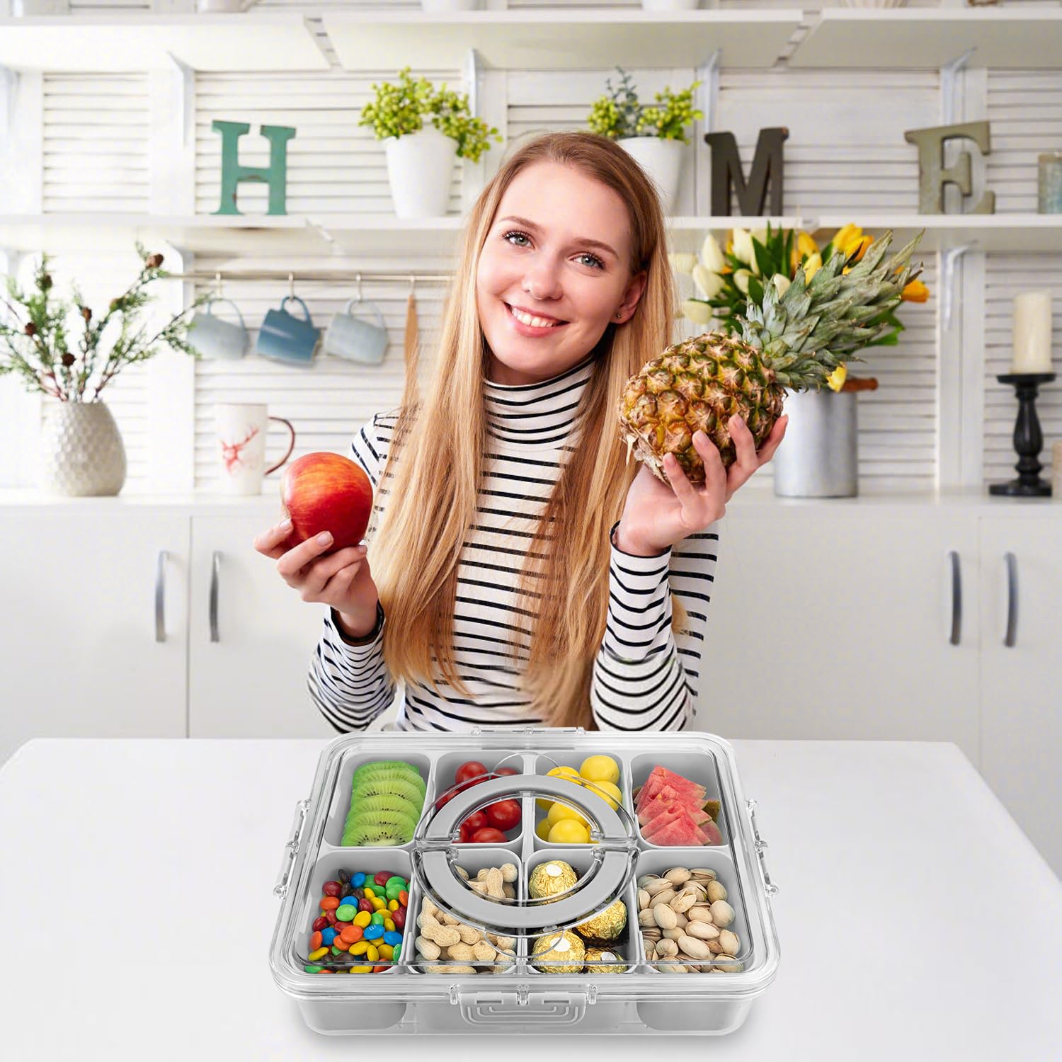 HRXFOZ Divided Serving Tray with Lid and Handle,8 Compartments Snacks Box,Snack Fruit and Veggie Tray,Portable Platter for Candy Fruits Nuts Snack Party Entertaining Picnic (1 PCS)