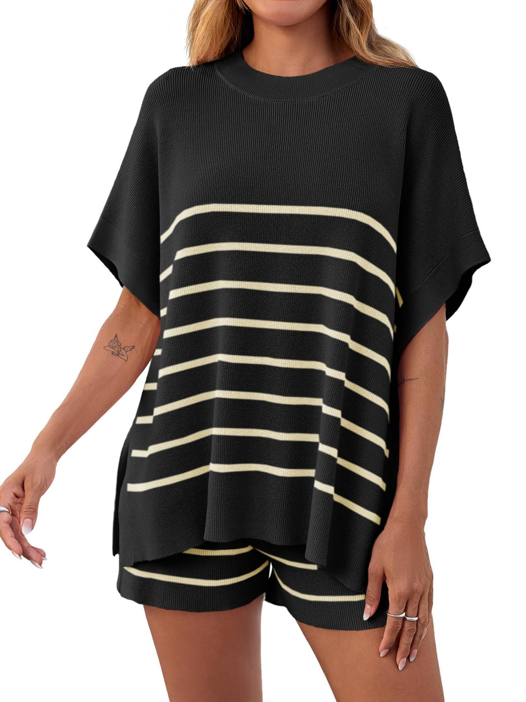 Fisoew Women's Striped 2 Piece Outfits Oversized Batwing Short Sleeve Tops High Waisted Shorts Summer Knit Lounge Short Sets