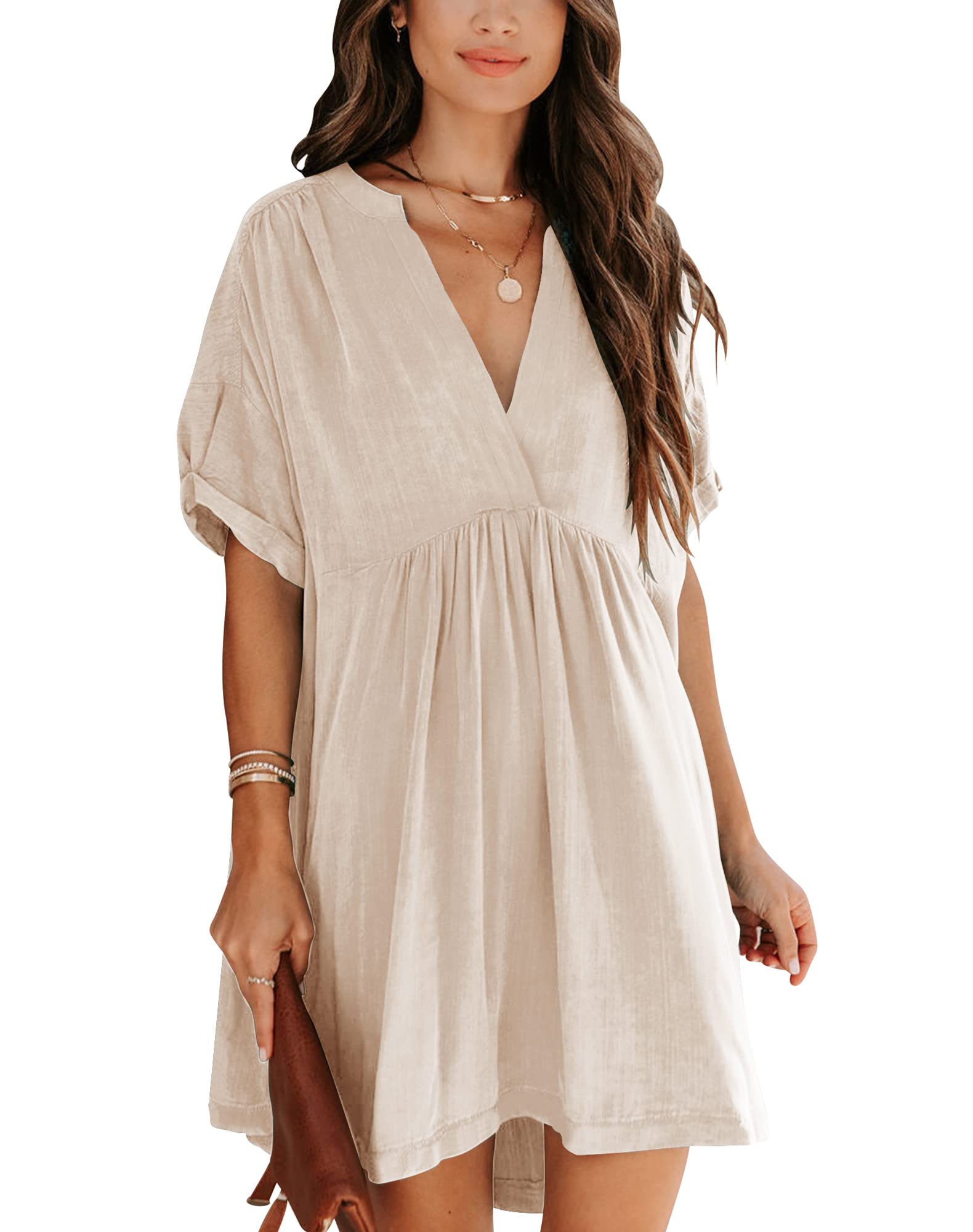 Minclouse Women's Babydoll Short Sleeve Tunic Dress V Neck Cute Casual Loose Dresses