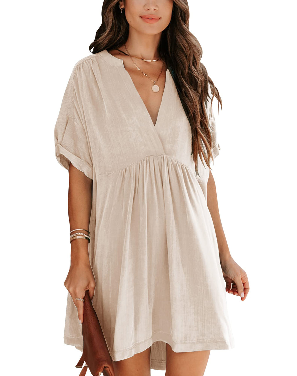 Minclouse Women's Babydoll Short Sleeve Tunic Dress V Neck Cute Casual Loose Dresses