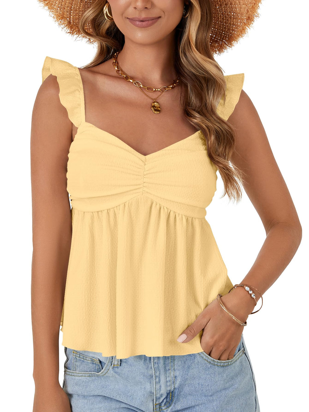 LYANER Women's Babydoll Tank Top Summer Camisole Dressy Casual Ruffle Strap Sleeveless Flowy Hem Peplum Tops