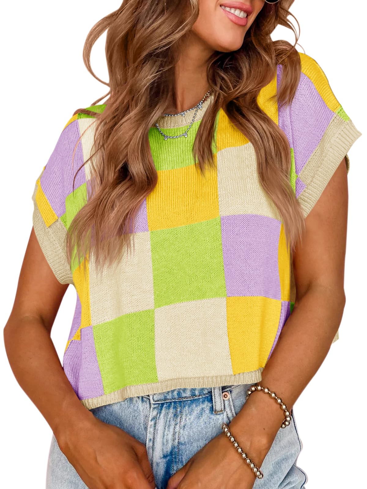 Saodimallsu Womens Cap Sleeve Crop Tops Summer Color Block Going Out Crew Neck Knit Trendy Casual Sweater
