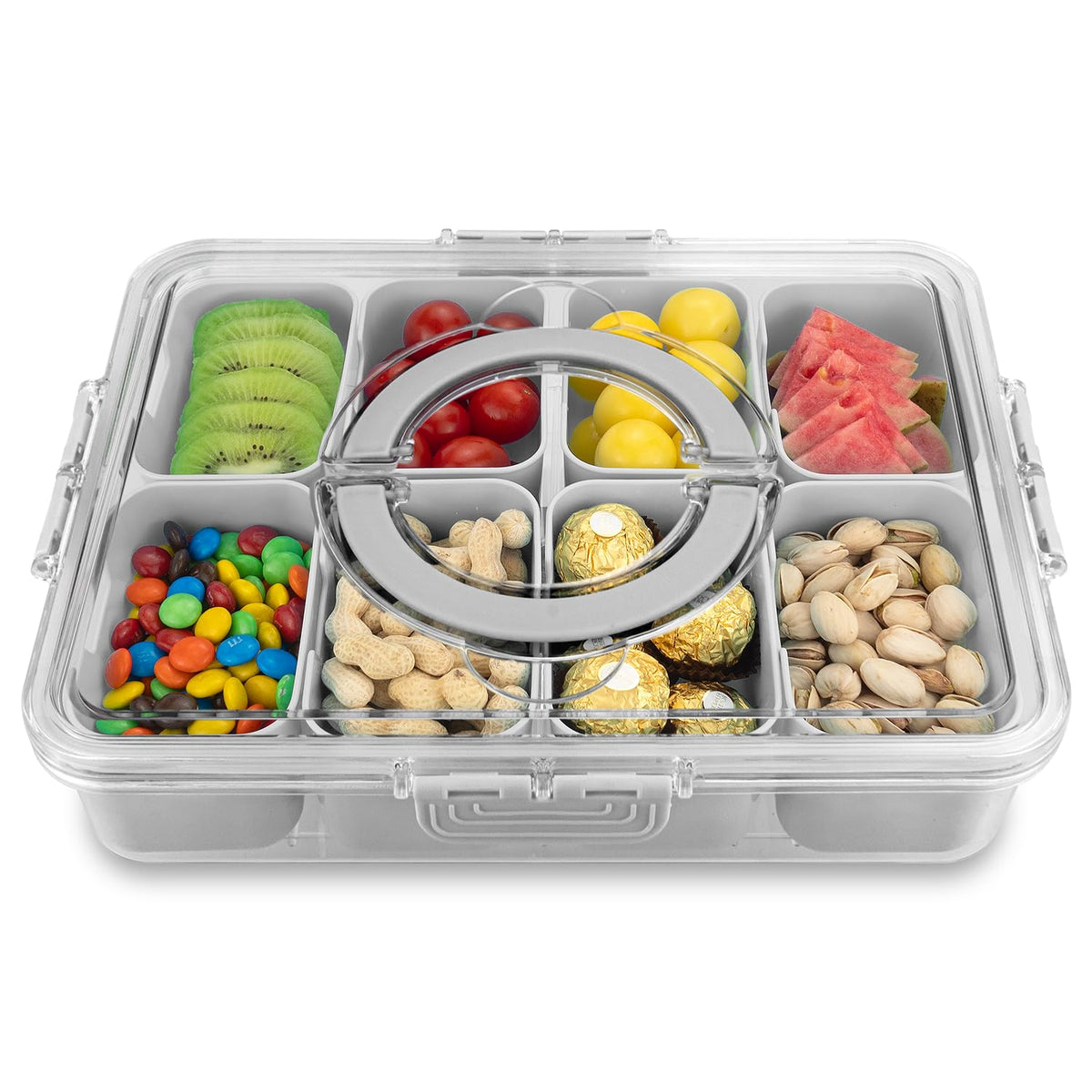 HRXFOZ Divided Serving Tray with Lid and Handle,8 Compartments Snacks Box,Snack Fruit and Veggie Tray,Portable Platter for Candy Fruits Nuts Snack Party Entertaining Picnic (1 PCS)