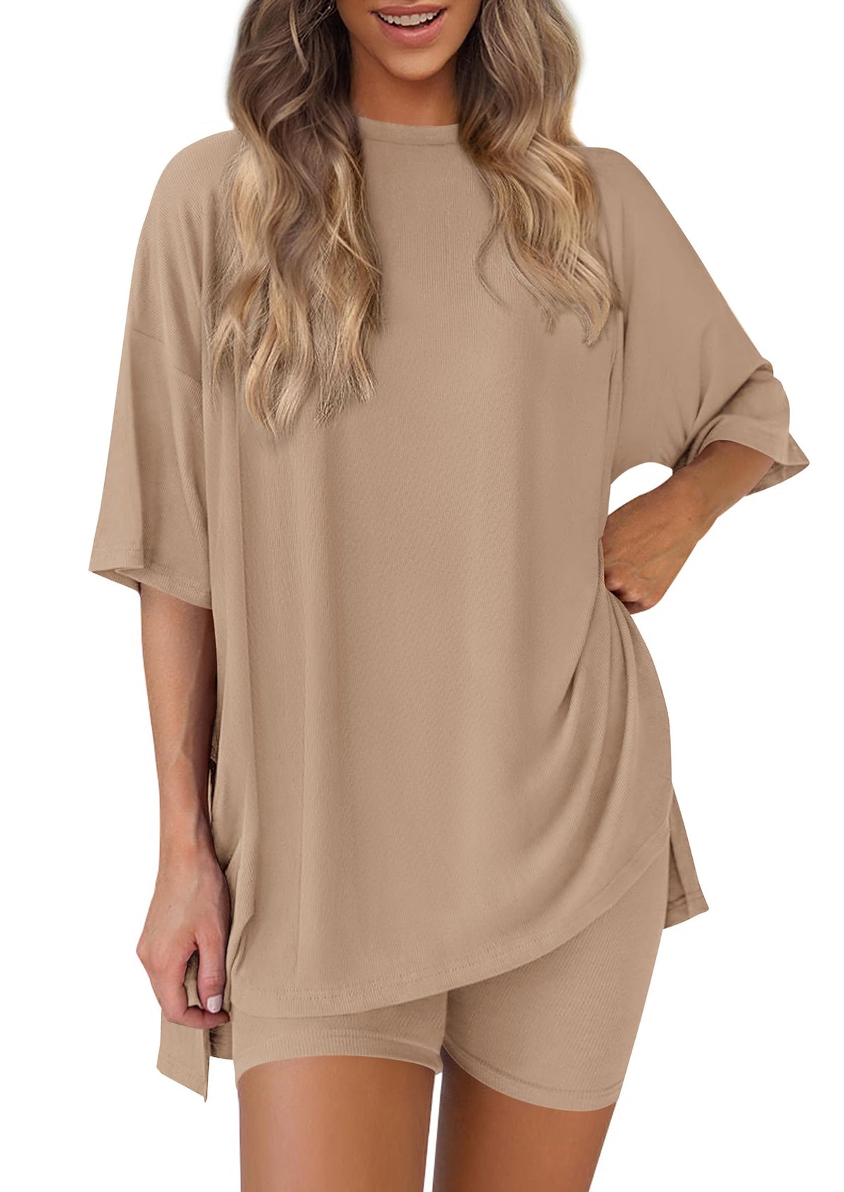 PRETTYGARDEN Women 2 Piece Lounge Set 2026 Summer Casual Oversized Shirts Biker Shorts Matching Airport Travel Outfit Clothes