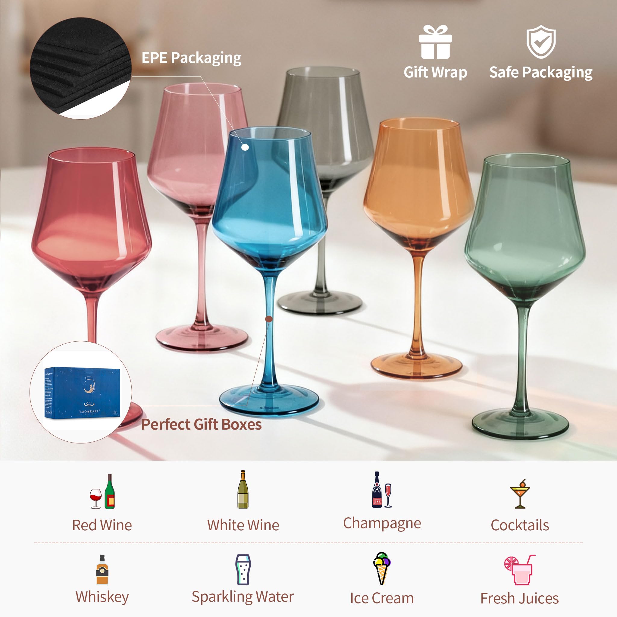 Stemmed Colored Wine Glasses: Set of 6 Cute 13.5oz Hand Blown Crystal Wine Glass with Long Stem for Birthday Party Fall Christmas Dinner Wedding Registry Gifts
