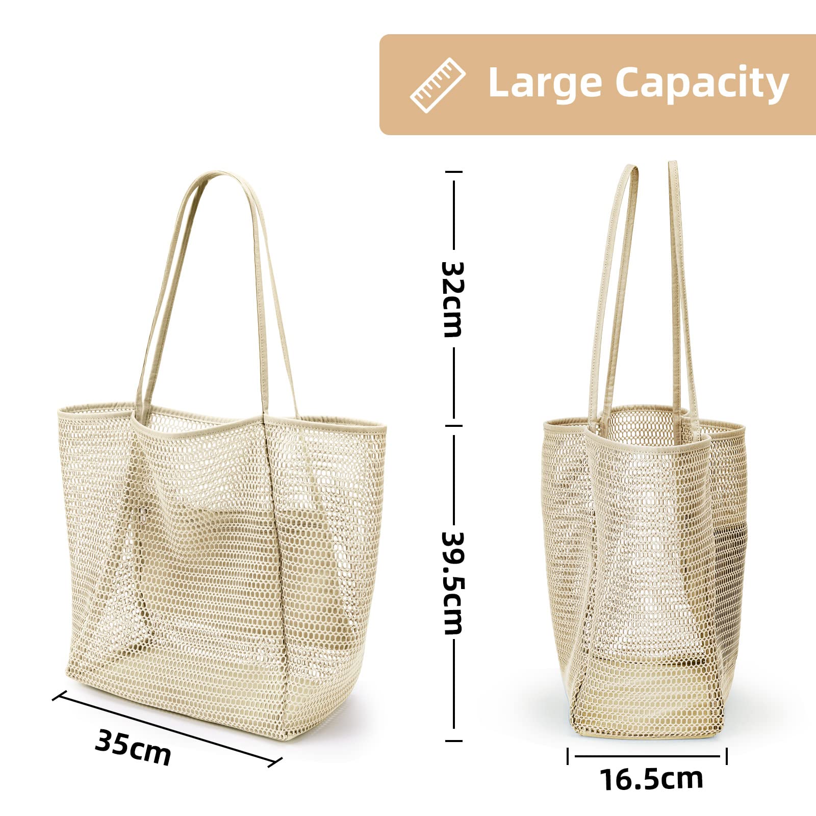 KALIDI Beach Nylon Mesh Tote Bag, Casual Tote Bag Hobo Women Foldable MAX 23L Shoulder Bag For Beach Picnic Vacation