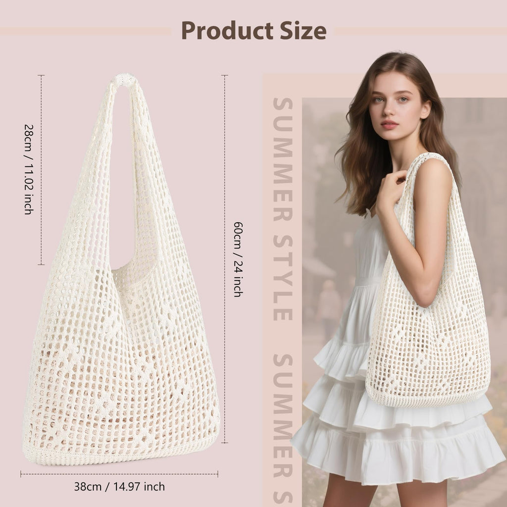Sightor Crochet Tote Bag, Mesh Beach Bag Knit Summer Hobo Bag Vacation Boho Tote Bag for Women