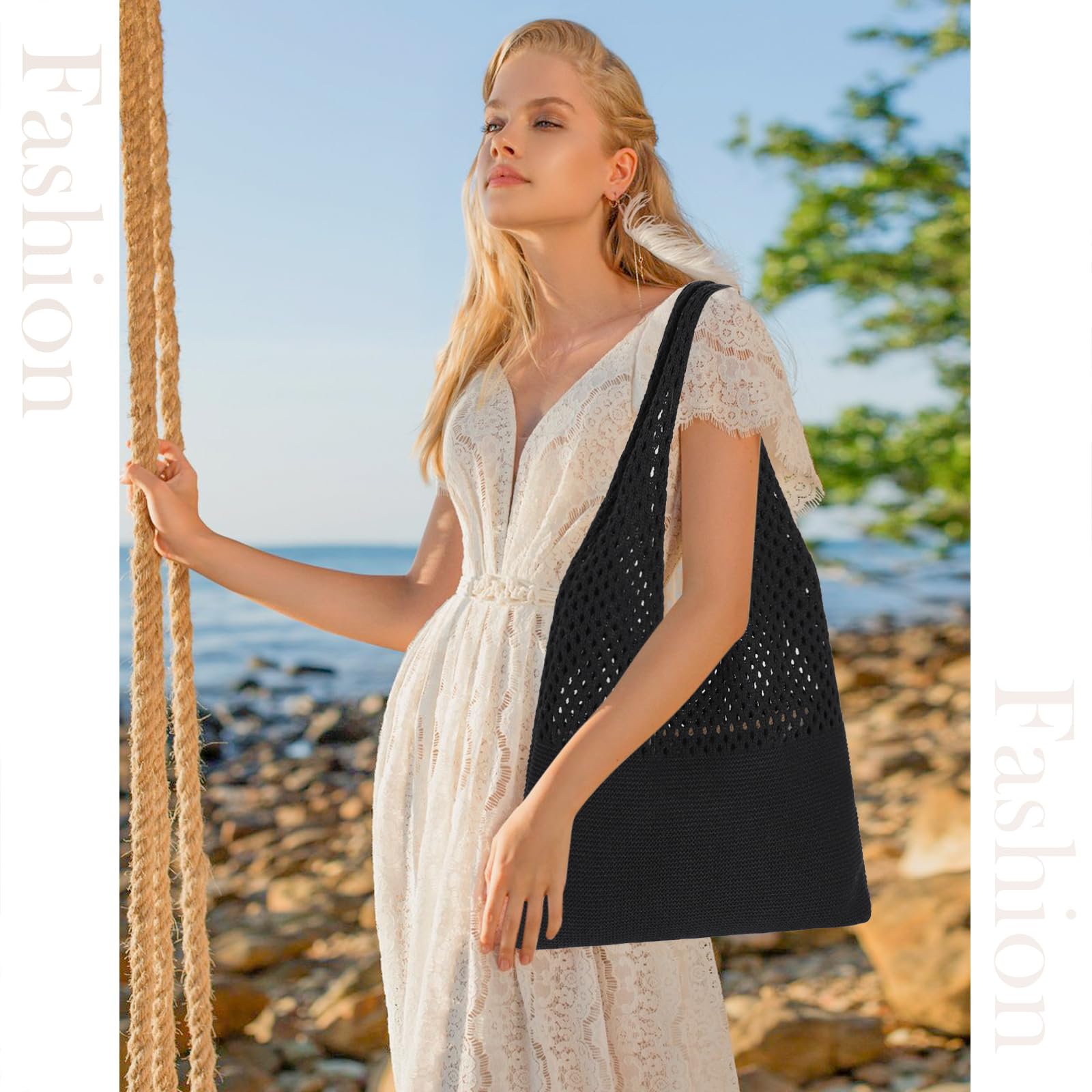 Sightor Crochet Tote Bag, Mesh Beach Bag Knit Summer Hobo Bag Vacation Boho Tote Bag for Women