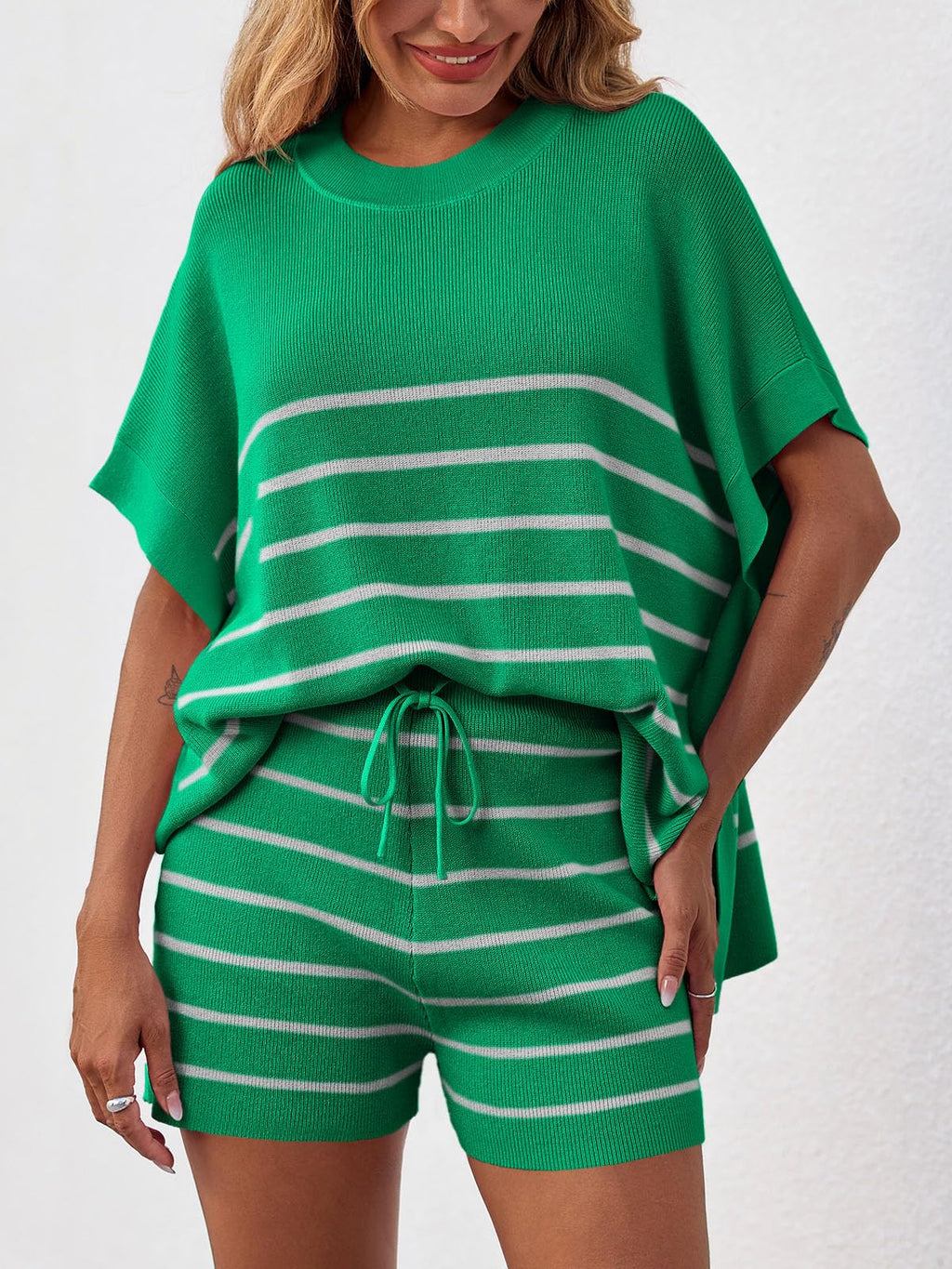 Fisoew Women's Striped 2 Piece Outfits Oversized Batwing Short Sleeve Tops High Waisted Shorts Summer Knit Lounge Short Sets