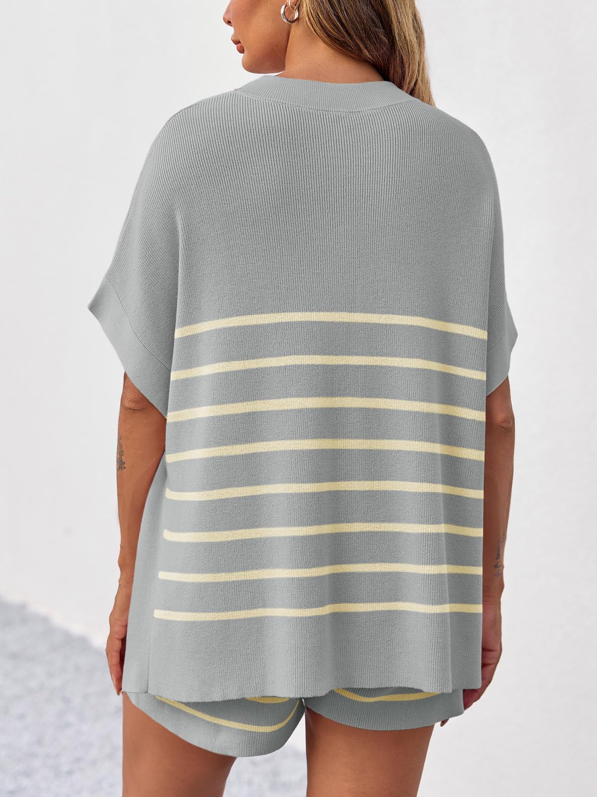 Fisoew Women's Striped 2 Piece Outfits Oversized Batwing Short Sleeve Tops High Waisted Shorts Summer Knit Lounge Short Sets