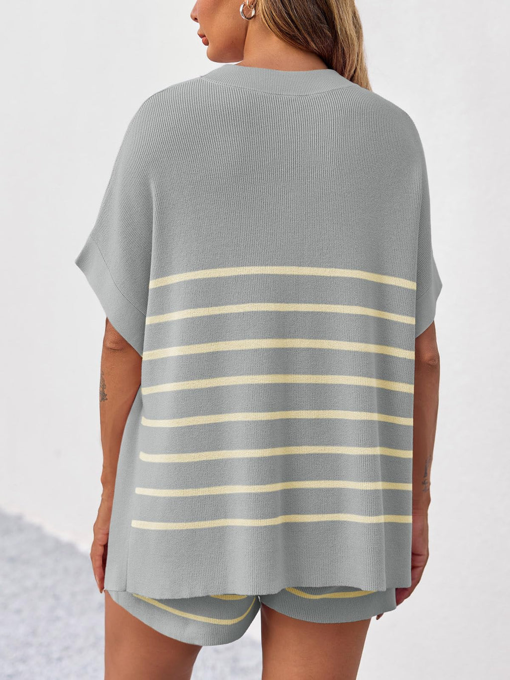 Fisoew Women's Striped 2 Piece Outfits Oversized Batwing Short Sleeve Tops High Waisted Shorts Summer Knit Lounge Short Sets
