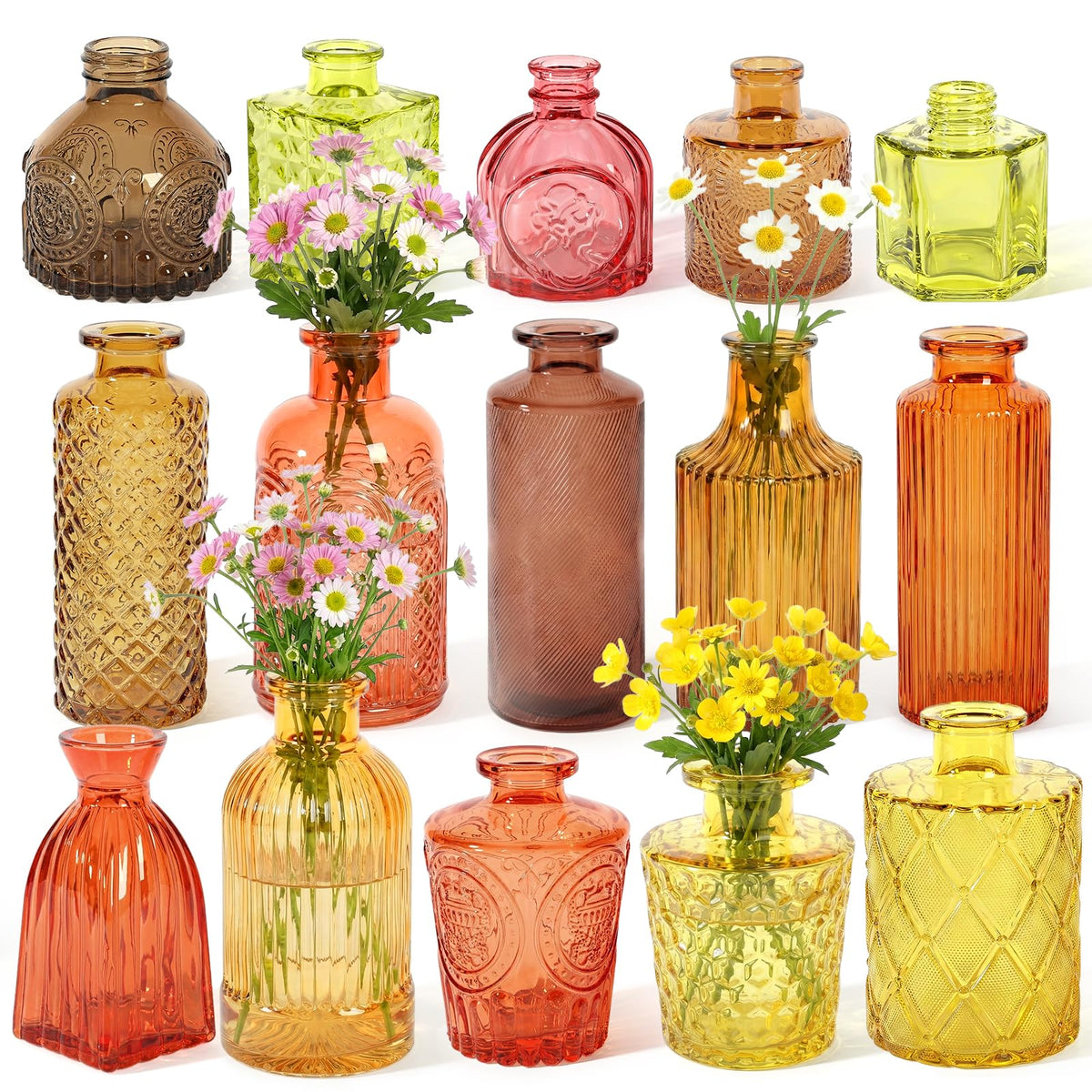 Set of 15 Colorful Glass Bud Vases - Small Textured Flower Vases for Centerpieces, Wedding Table Decor, Retro Home Decor Bulk Vase Set for DIY, Events & Gifts