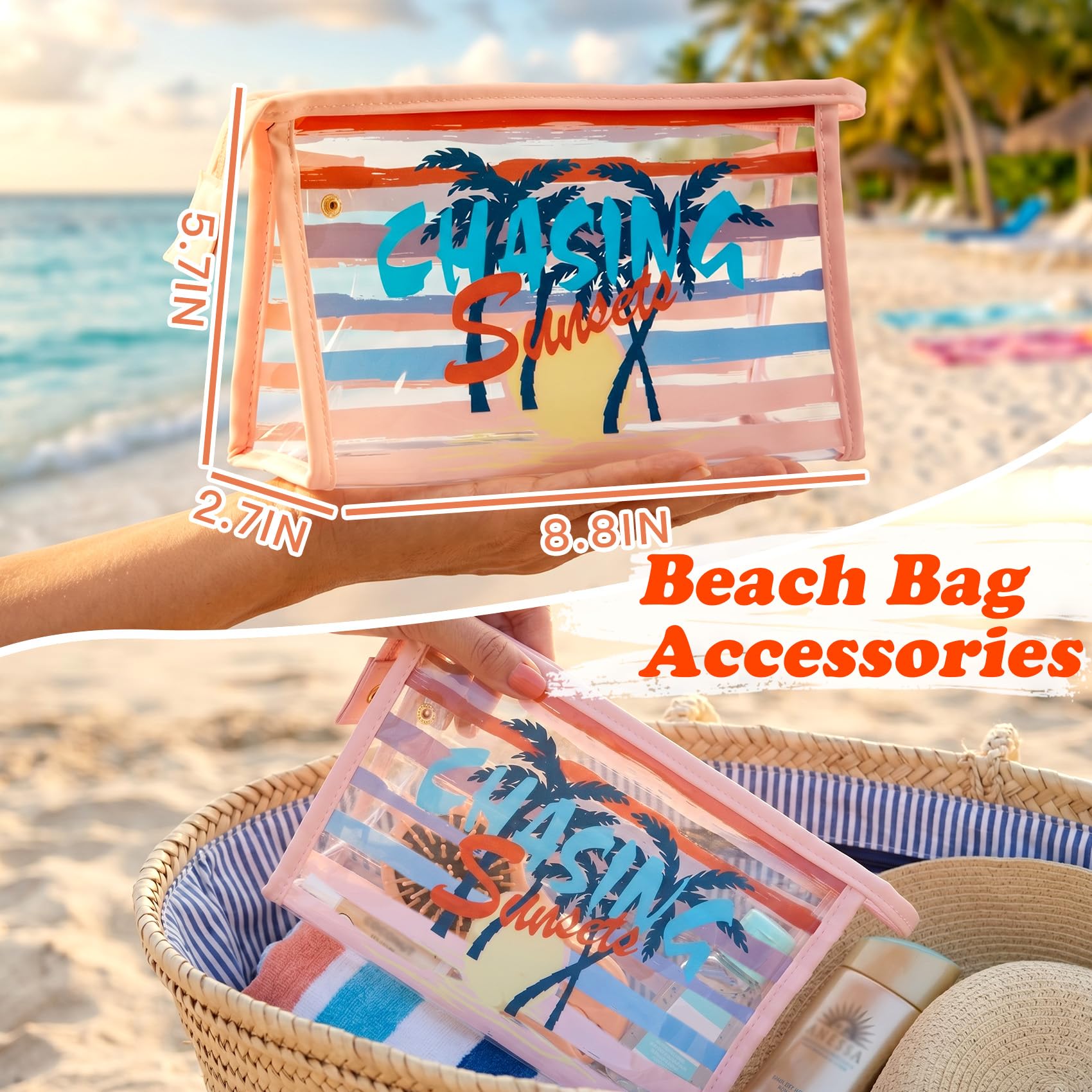 COSHAYSOO Sunscreen Bag Clear Makeup Toiletry Pouch Beach Vacation Essentials for Women Teen Girls Trip Gifts Summer Pool Travel Must Have Accessories Waterproof Stuff