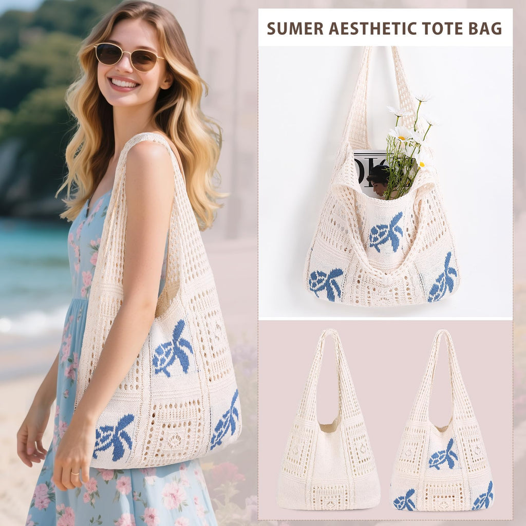 Sightor Crochet Tote Bag, Mesh Beach Bag Knit Summer Hobo Bag Vacation Boho Tote Bag for Women