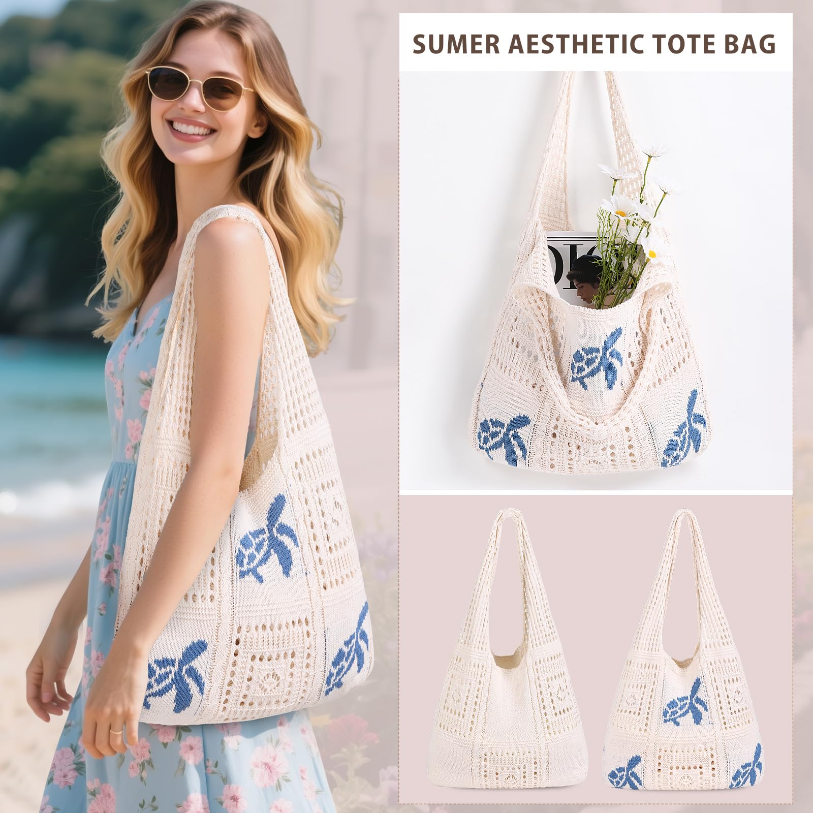 Sightor Crochet Tote Bag, Mesh Beach Bag Knit Summer Hobo Bag Vacation Boho Tote Bag for Women