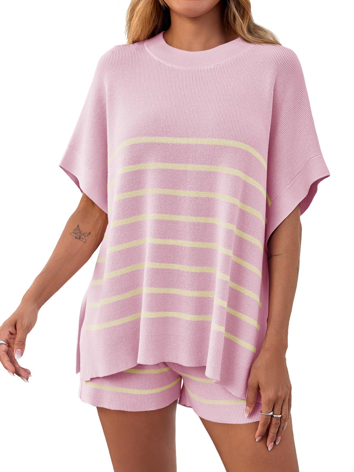 Fisoew Women's Striped 2 Piece Outfits Oversized Batwing Short Sleeve Tops High Waisted Shorts Summer Knit Lounge Short Sets