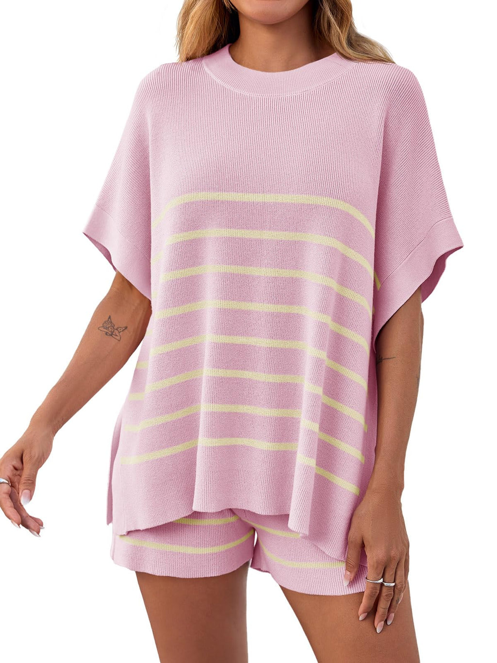 Fisoew Women's Striped 2 Piece Outfits Oversized Batwing Short Sleeve Tops High Waisted Shorts Summer Knit Lounge Short Sets