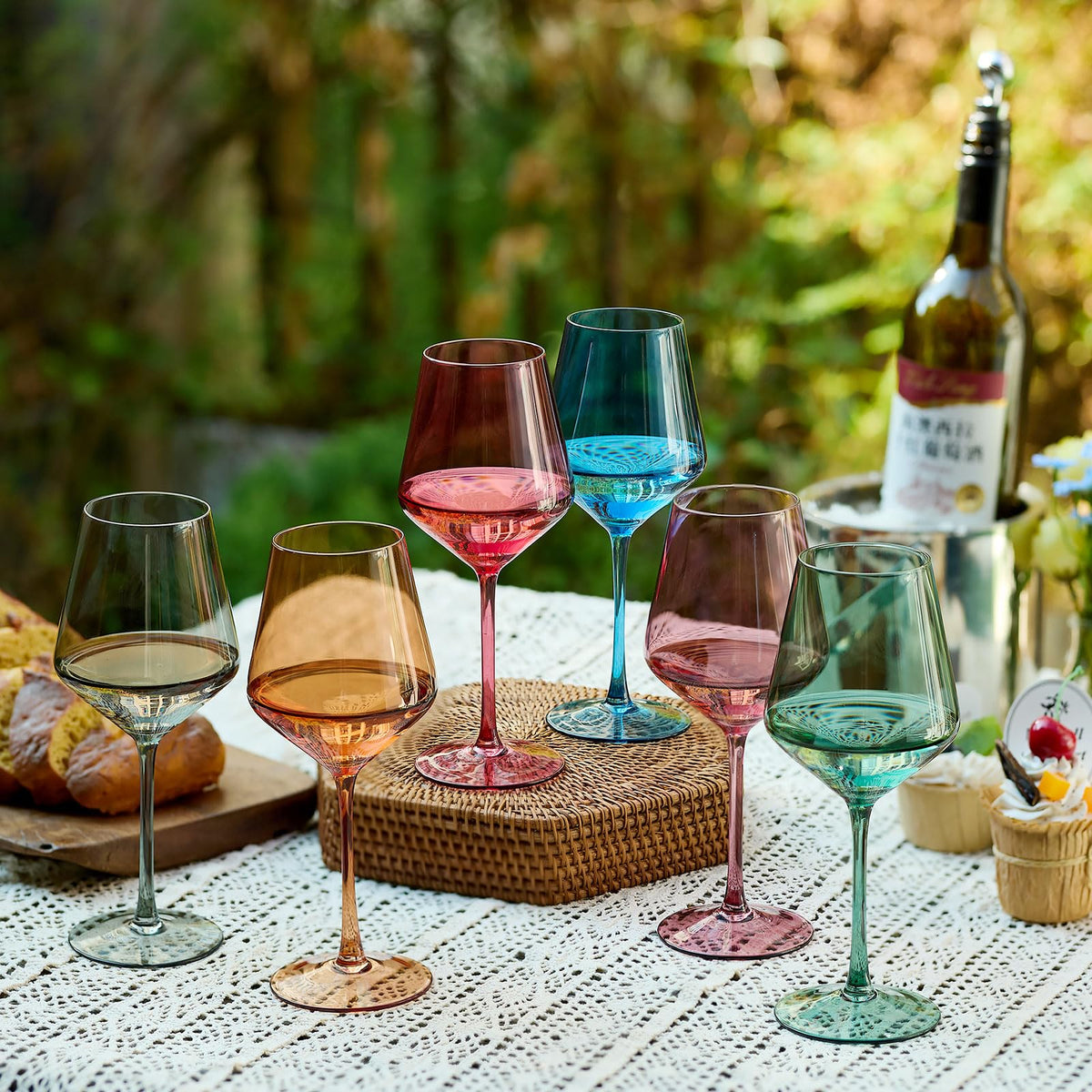 Stemmed Colored Wine Glasses: Set of 6 Cute 13.5oz Hand Blown Crystal Wine Glass with Long Stem for Birthday Party Fall Christmas Dinner Wedding Registry Gifts