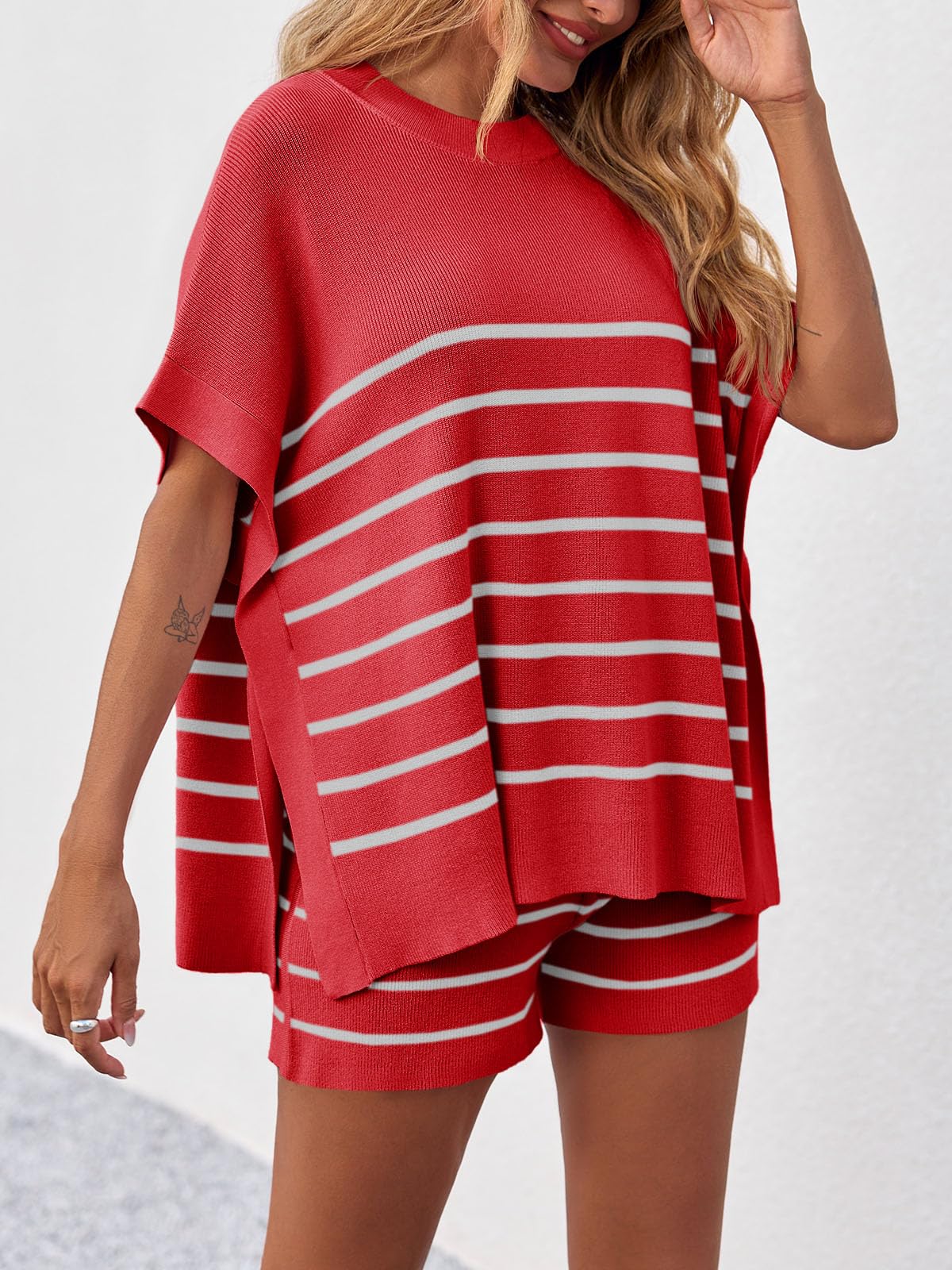 Fisoew Women's Striped 2 Piece Outfits Oversized Batwing Short Sleeve Tops High Waisted Shorts Summer Knit Lounge Short Sets
