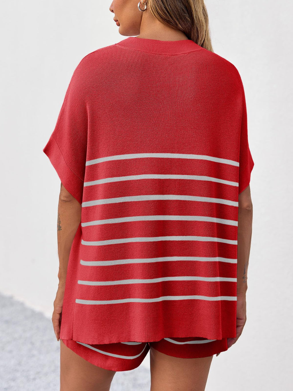 Fisoew Women's Striped 2 Piece Outfits Oversized Batwing Short Sleeve Tops High Waisted Shorts Summer Knit Lounge Short Sets