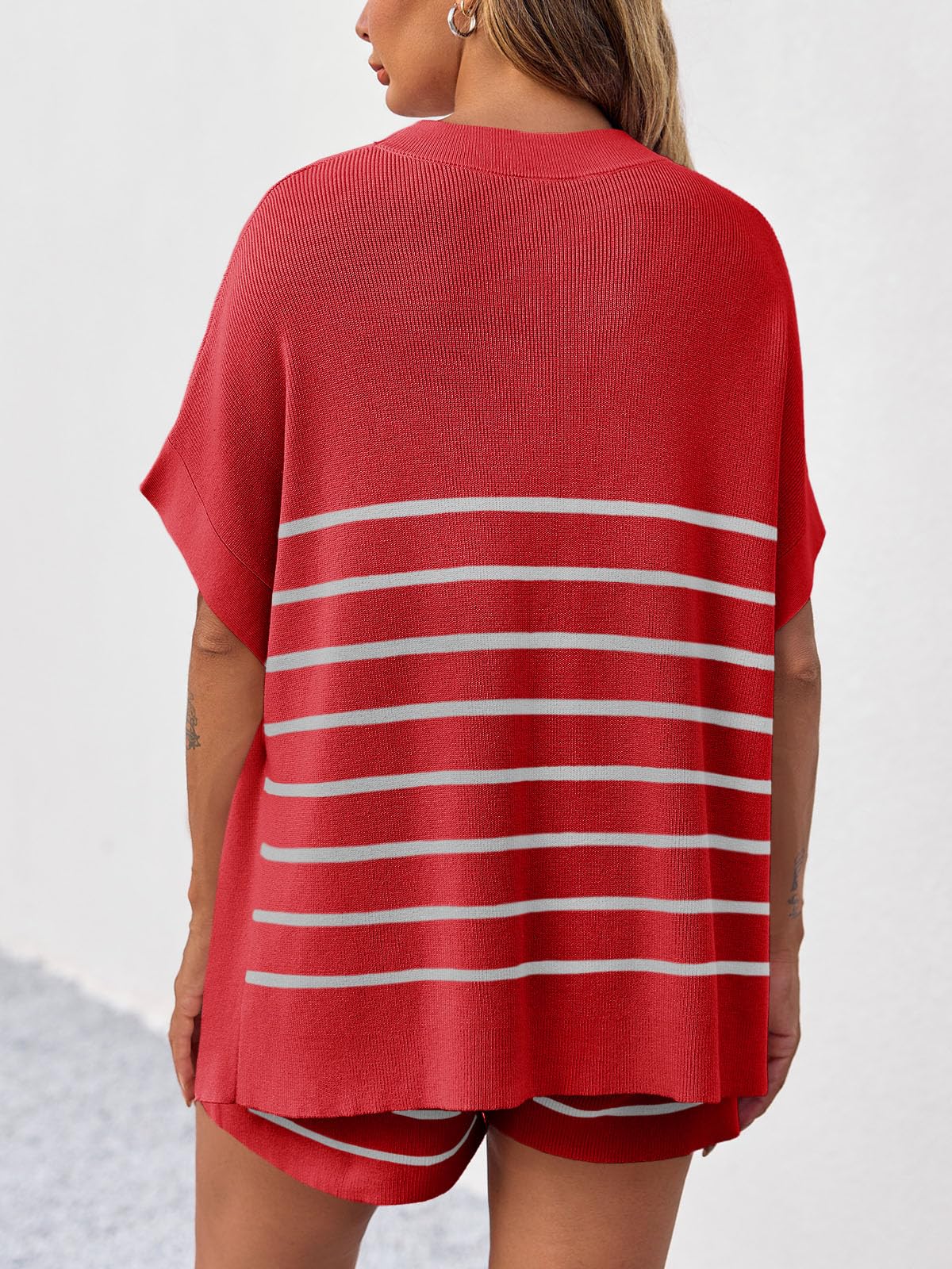 Fisoew Women's Striped 2 Piece Outfits Oversized Batwing Short Sleeve Tops High Waisted Shorts Summer Knit Lounge Short Sets