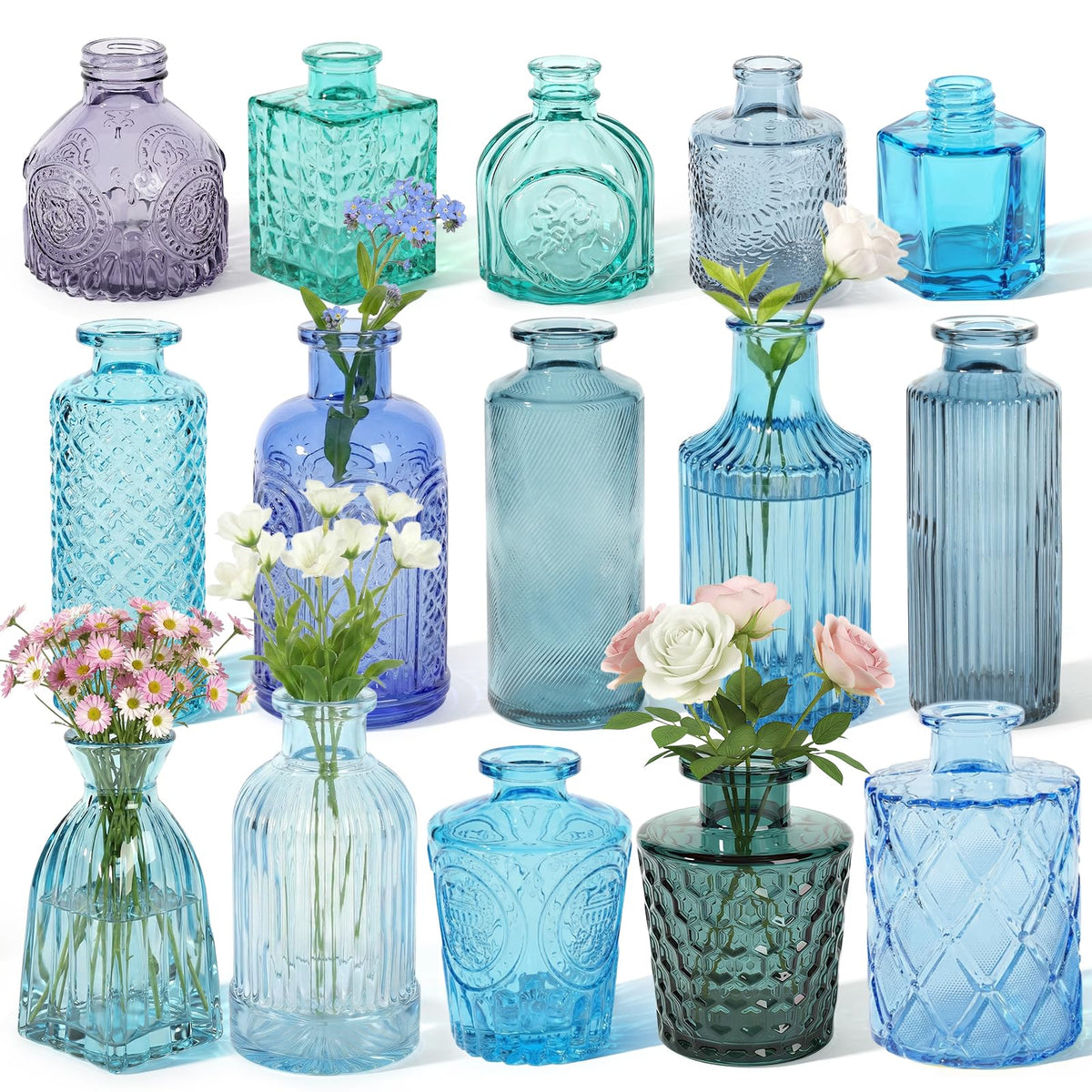 Set of 15 Colorful Glass Bud Vases - Small Textured Flower Vases for Centerpieces, Wedding Table Decor, Retro Home Decor Bulk Vase Set for DIY, Events & Gifts