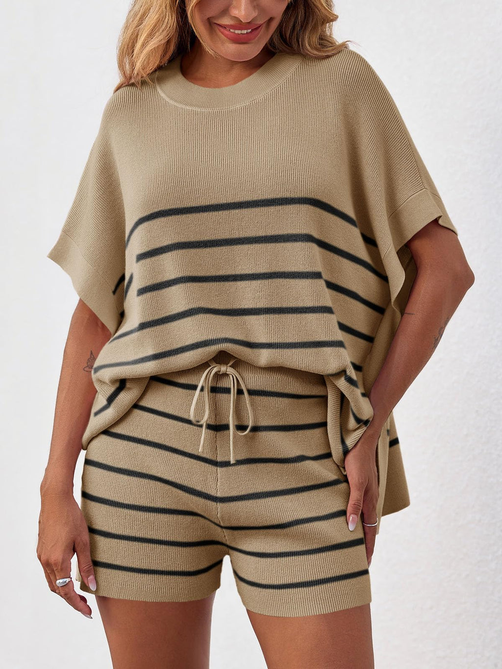 Fisoew Women's Striped 2 Piece Outfits Oversized Batwing Short Sleeve Tops High Waisted Shorts Summer Knit Lounge Short Sets