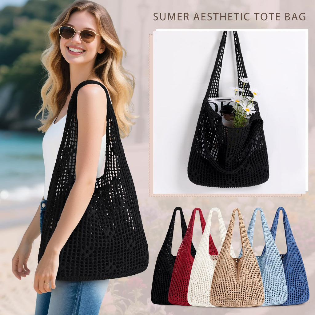 Sightor Crochet Tote Bag, Mesh Beach Bag Knit Summer Hobo Bag Vacation Boho Tote Bag for Women