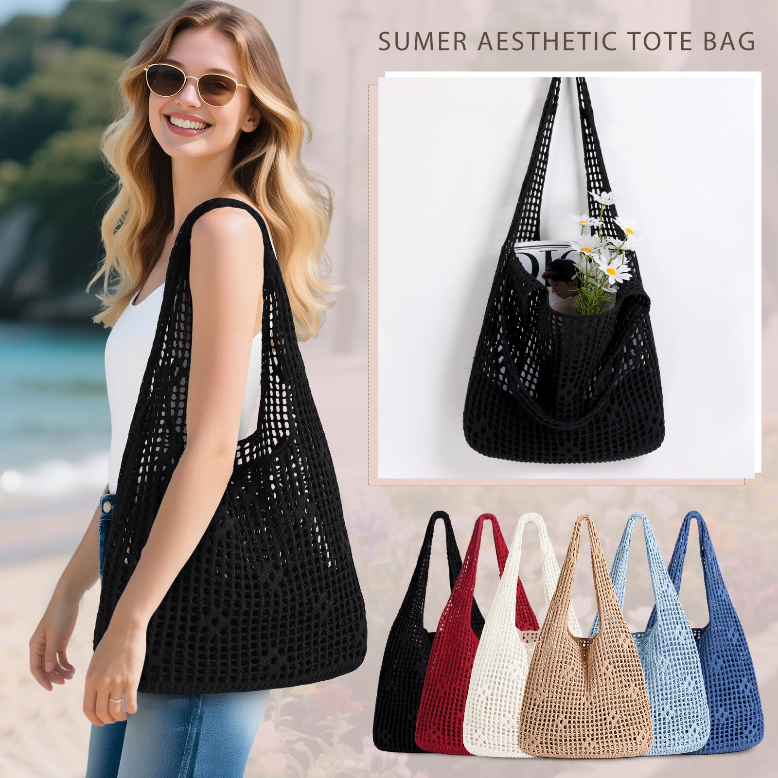 Sightor Crochet Tote Bag, Mesh Beach Bag Knit Summer Hobo Bag Vacation Boho Tote Bag for Women