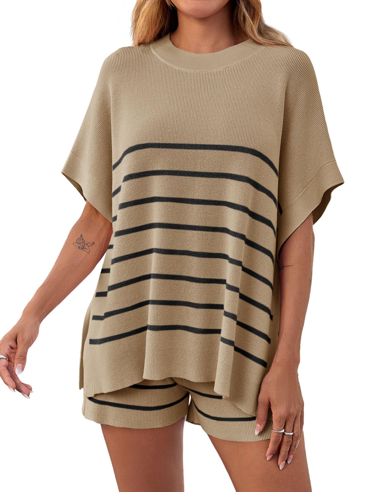 Fisoew Women's Striped 2 Piece Outfits Oversized Batwing Short Sleeve Tops High Waisted Shorts Summer Knit Lounge Short Sets