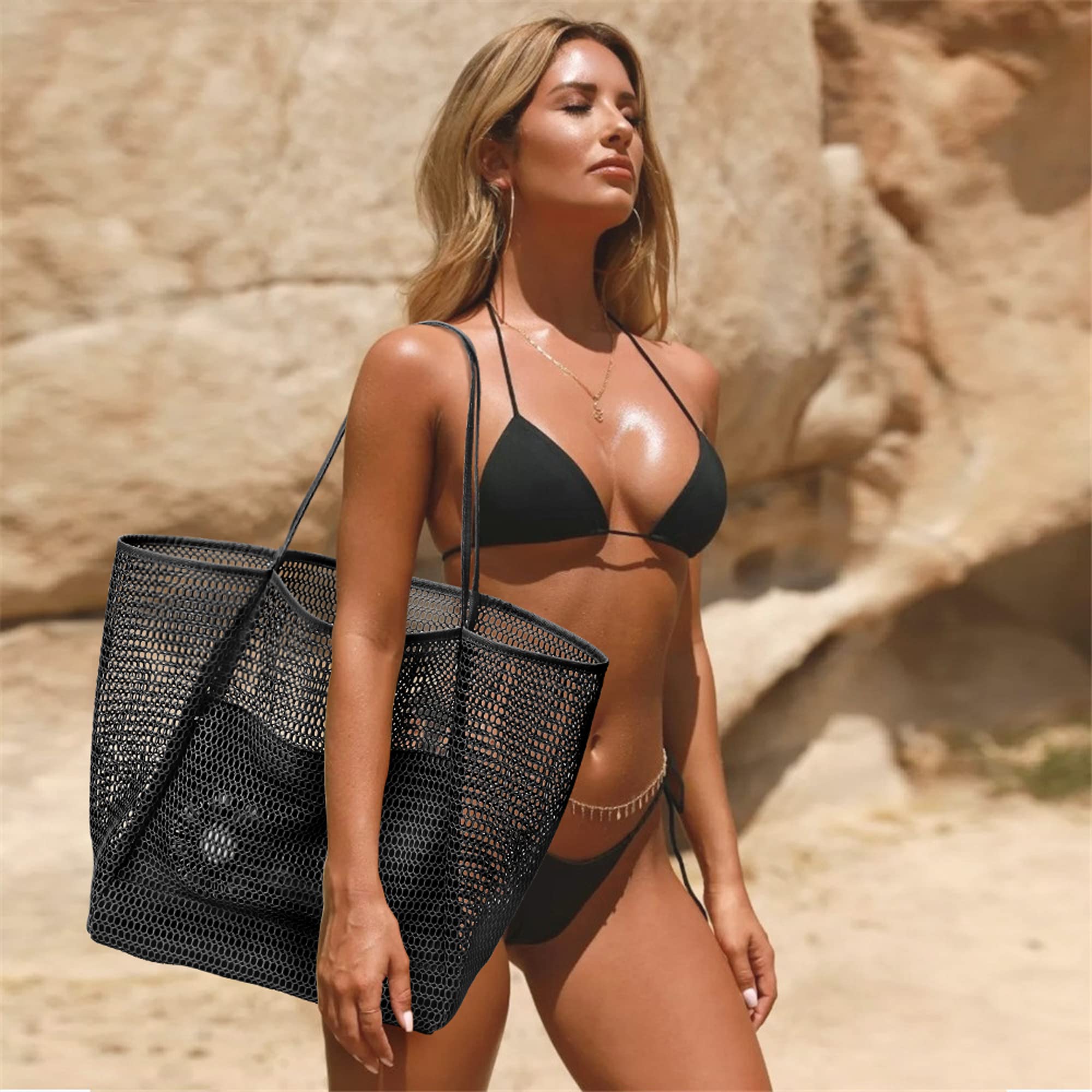 KALIDI Beach Nylon Mesh Tote Bag, Casual Tote Bag Hobo Women Foldable MAX 23L Shoulder Bag For Beach Picnic Vacation