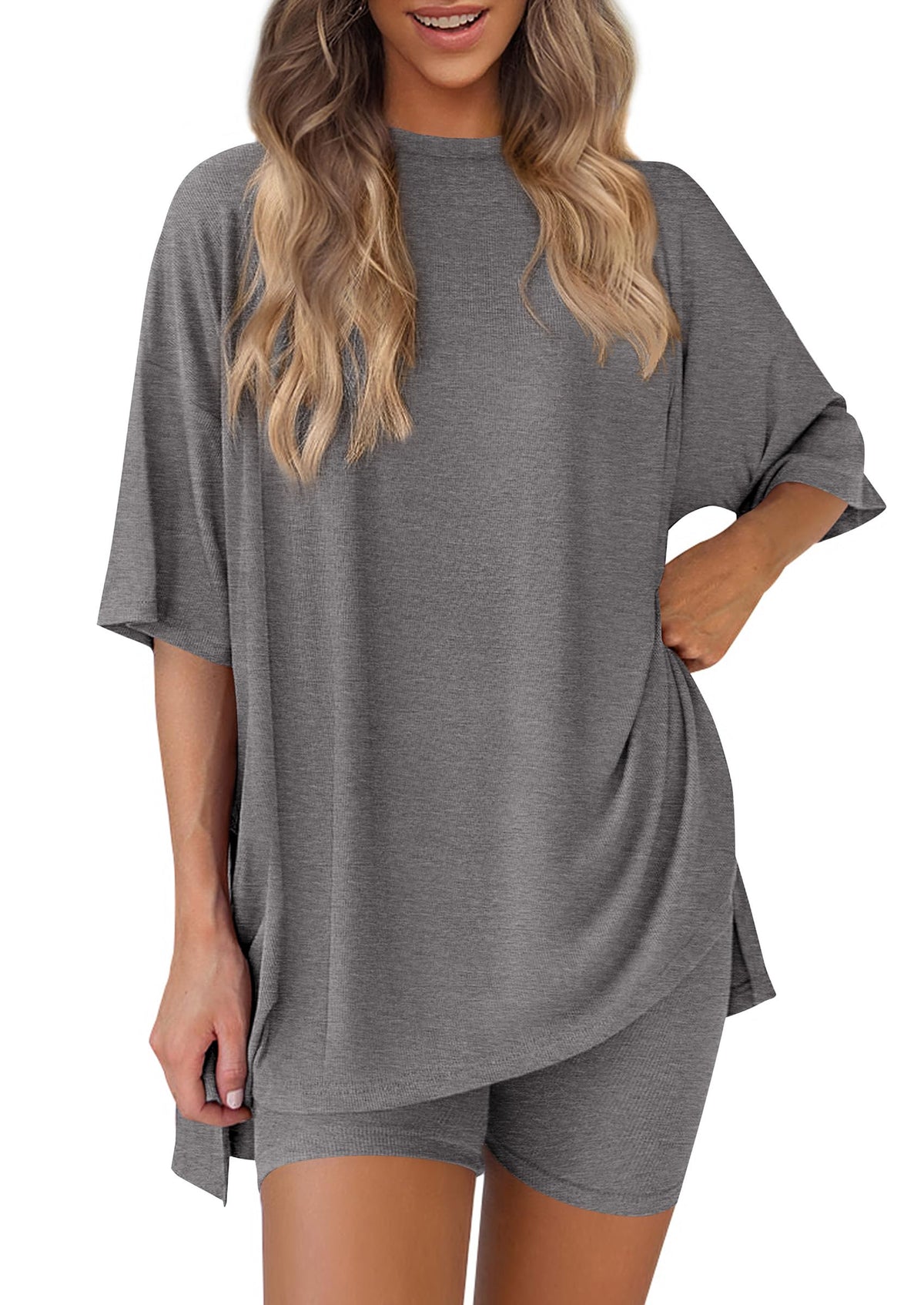 PRETTYGARDEN Women 2 Piece Lounge Set 2026 Summer Casual Oversized Shirts Biker Shorts Matching Airport Travel Outfit Clothes