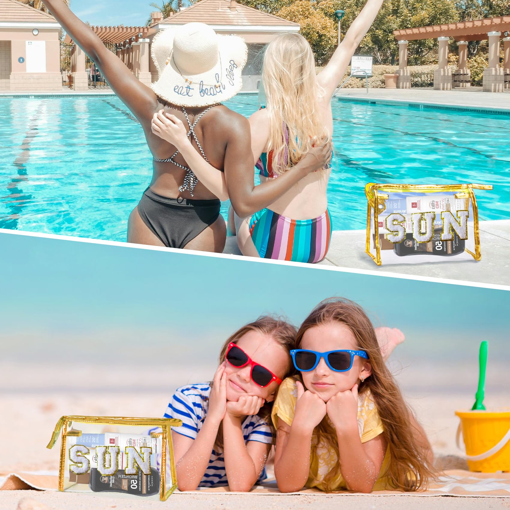 COSHAYSOO Sunscreen Bag Clear Makeup Toiletry Pouch Beach Vacation Essentials for Women Teen Girls Trip Gifts Summer Pool Travel Must Have Accessories Waterproof Stuff