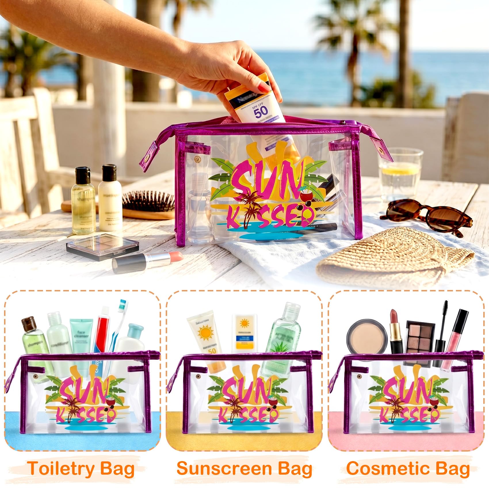 COSHAYSOO Sunscreen Bag Clear Makeup Toiletry Pouch Beach Vacation Essentials for Women Teen Girls Trip Gifts Summer Pool Travel Must Have Accessories Waterproof Stuff