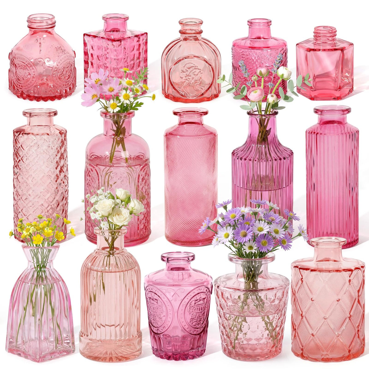 Set of 15 Colorful Glass Bud Vases - Small Textured Flower Vases for Centerpieces, Wedding Table Decor, Retro Home Decor Bulk Vase Set for DIY, Events & Gifts