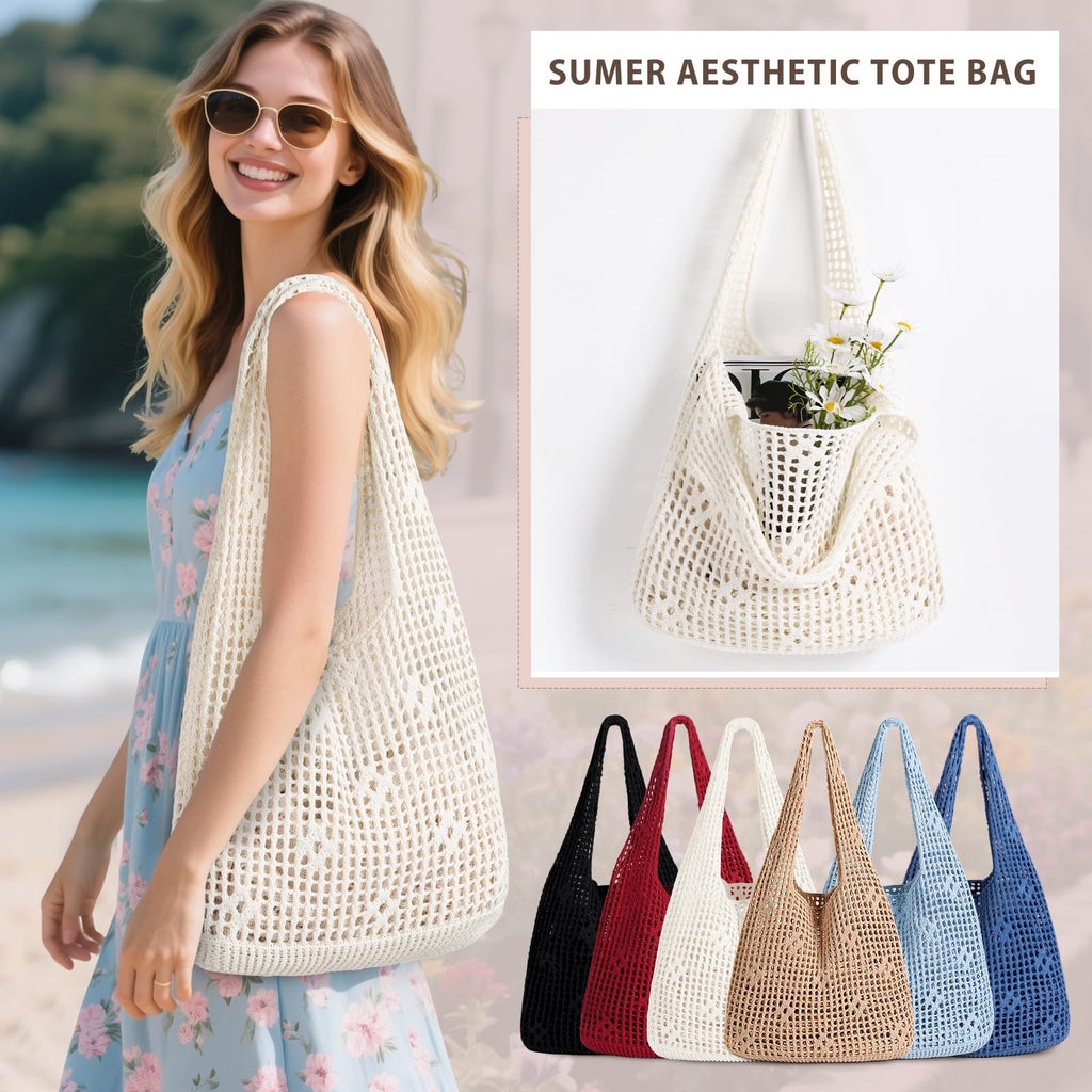 Sightor Crochet Tote Bag, Mesh Beach Bag Knit Summer Hobo Bag Vacation Boho Tote Bag for Women