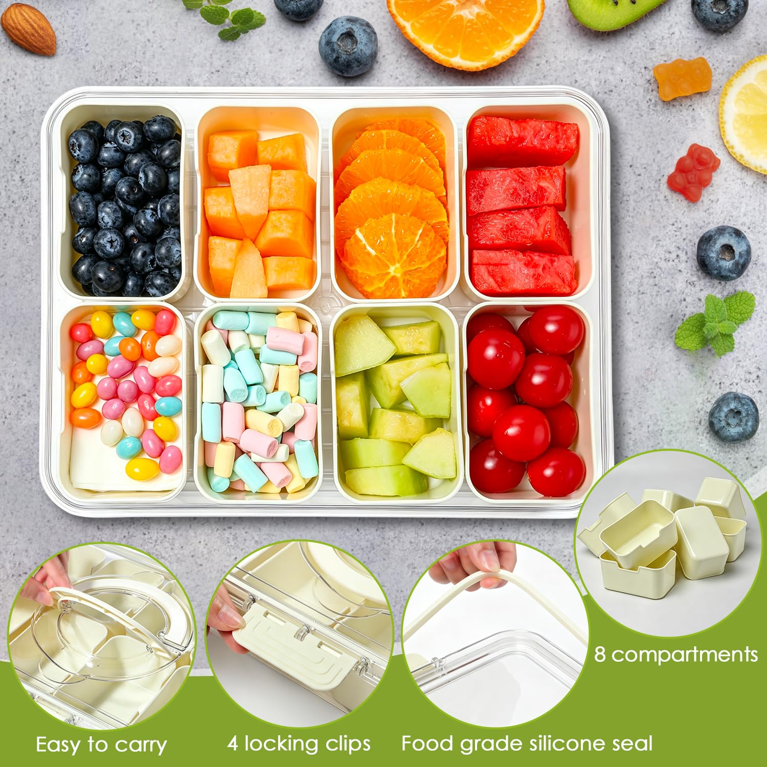 HRXFOZ Divided Serving Tray with Lid and Handle,8 Compartments Snacks Box,Snack Fruit and Veggie Tray,Portable Platter for Candy Fruits Nuts Snack Party Entertaining Picnic (1 PCS)