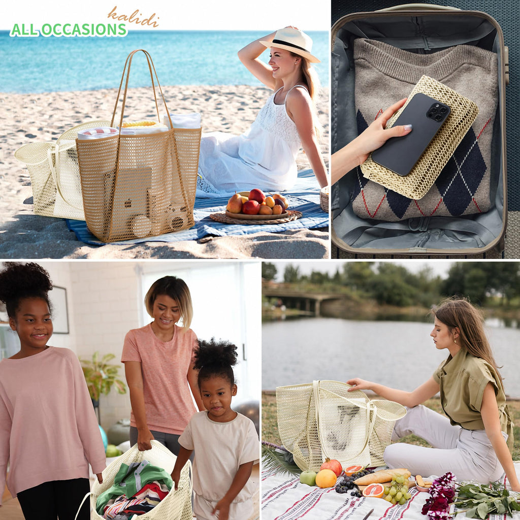 KALIDI Beach Nylon Mesh Tote Bag, Casual Tote Bag Hobo Women Foldable MAX 23L Shoulder Bag For Beach Picnic Vacation