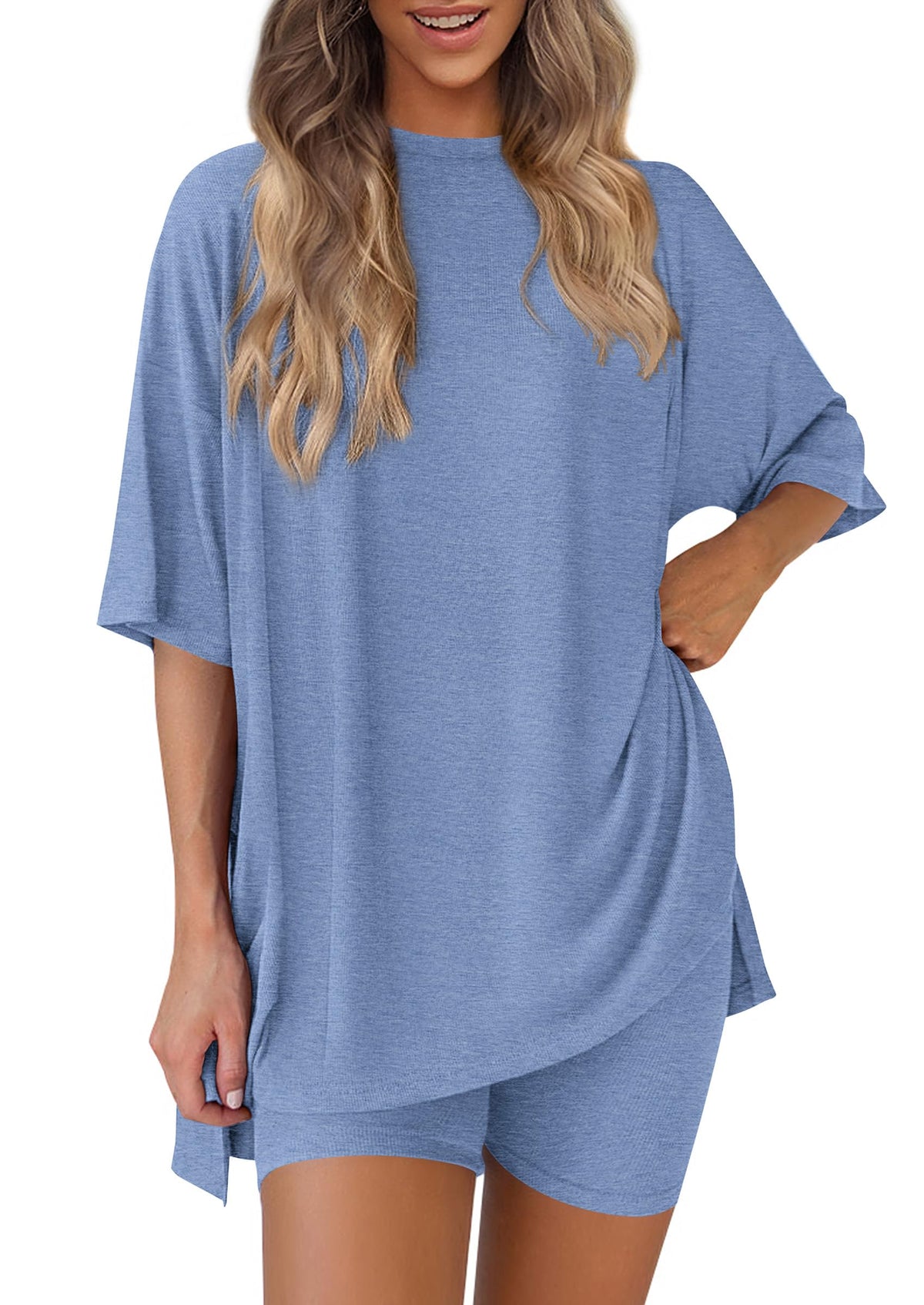 PRETTYGARDEN Women 2 Piece Lounge Set 2026 Summer Casual Oversized Shirts Biker Shorts Matching Airport Travel Outfit Clothes