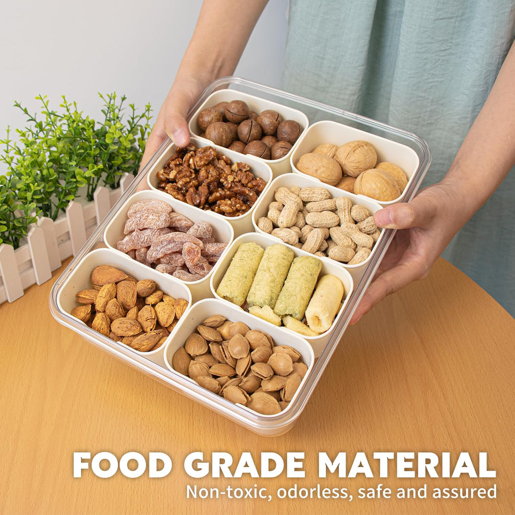 HRXFOZ Divided Serving Tray with Lid and Handle,8 Compartments Snacks Box,Snack Fruit and Veggie Tray,Portable Platter for Candy Fruits Nuts Snack Party Entertaining Picnic (1 PCS)
