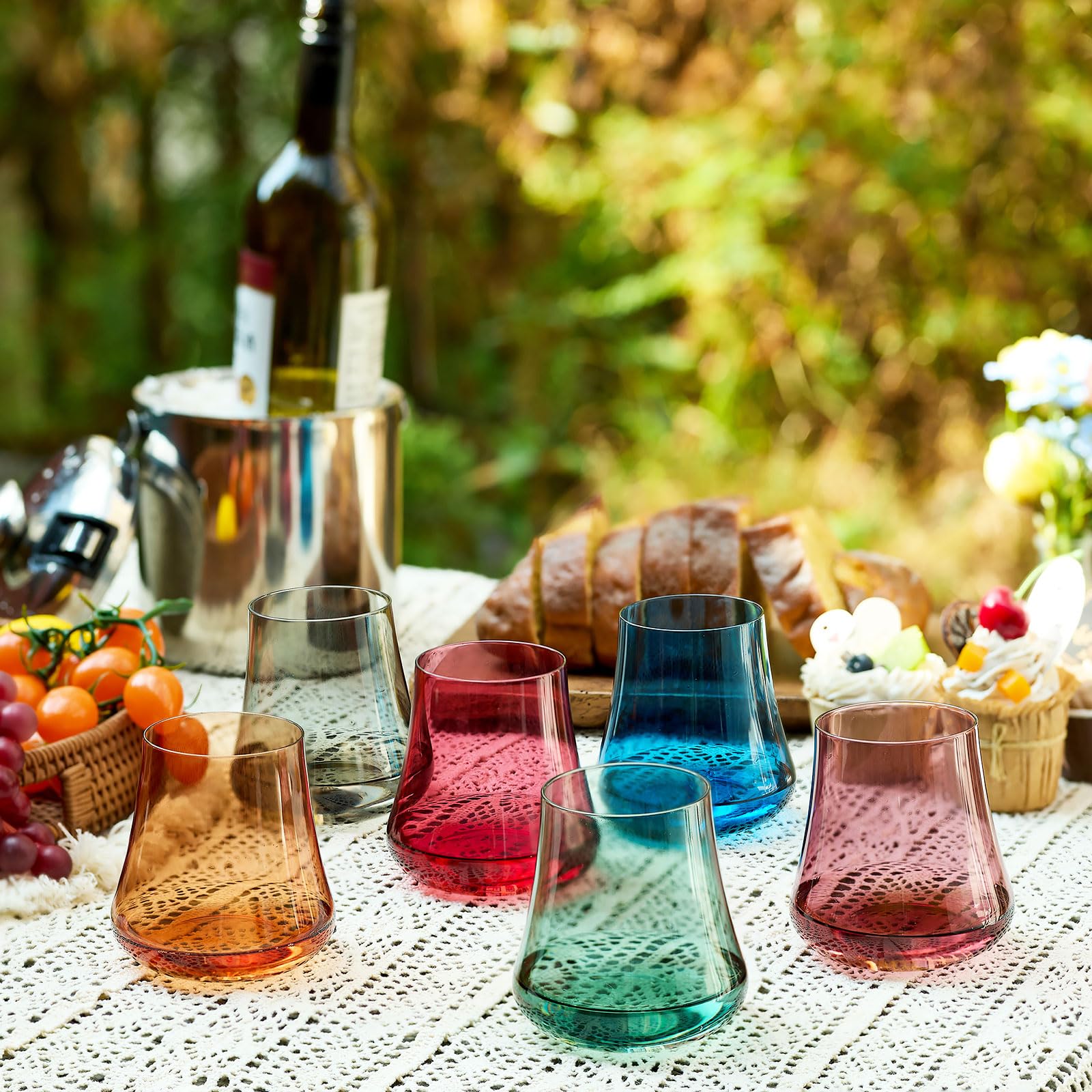 Stemmed Colored Wine Glasses: Set of 6 Cute 13.5oz Hand Blown Crystal Wine Glass with Long Stem for Birthday Party Fall Christmas Dinner Wedding Registry Gifts