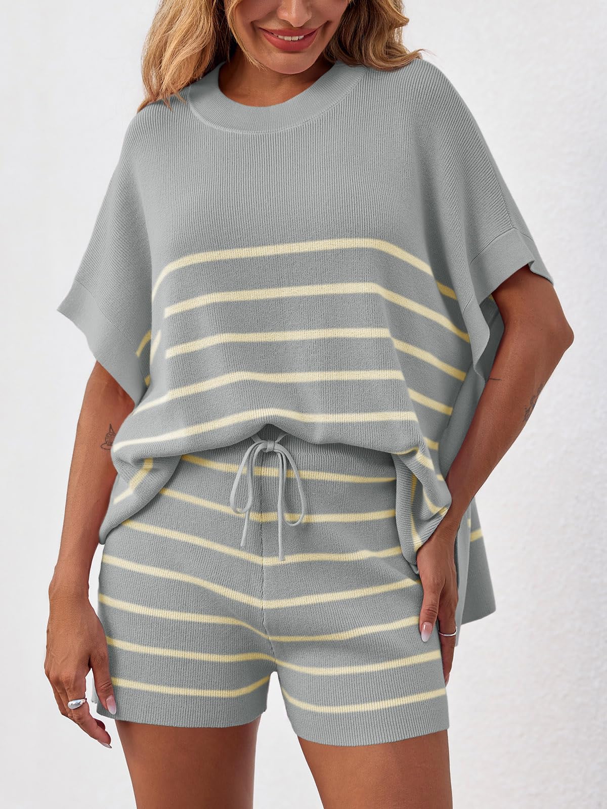 Fisoew Women's Striped 2 Piece Outfits Oversized Batwing Short Sleeve Tops High Waisted Shorts Summer Knit Lounge Short Sets