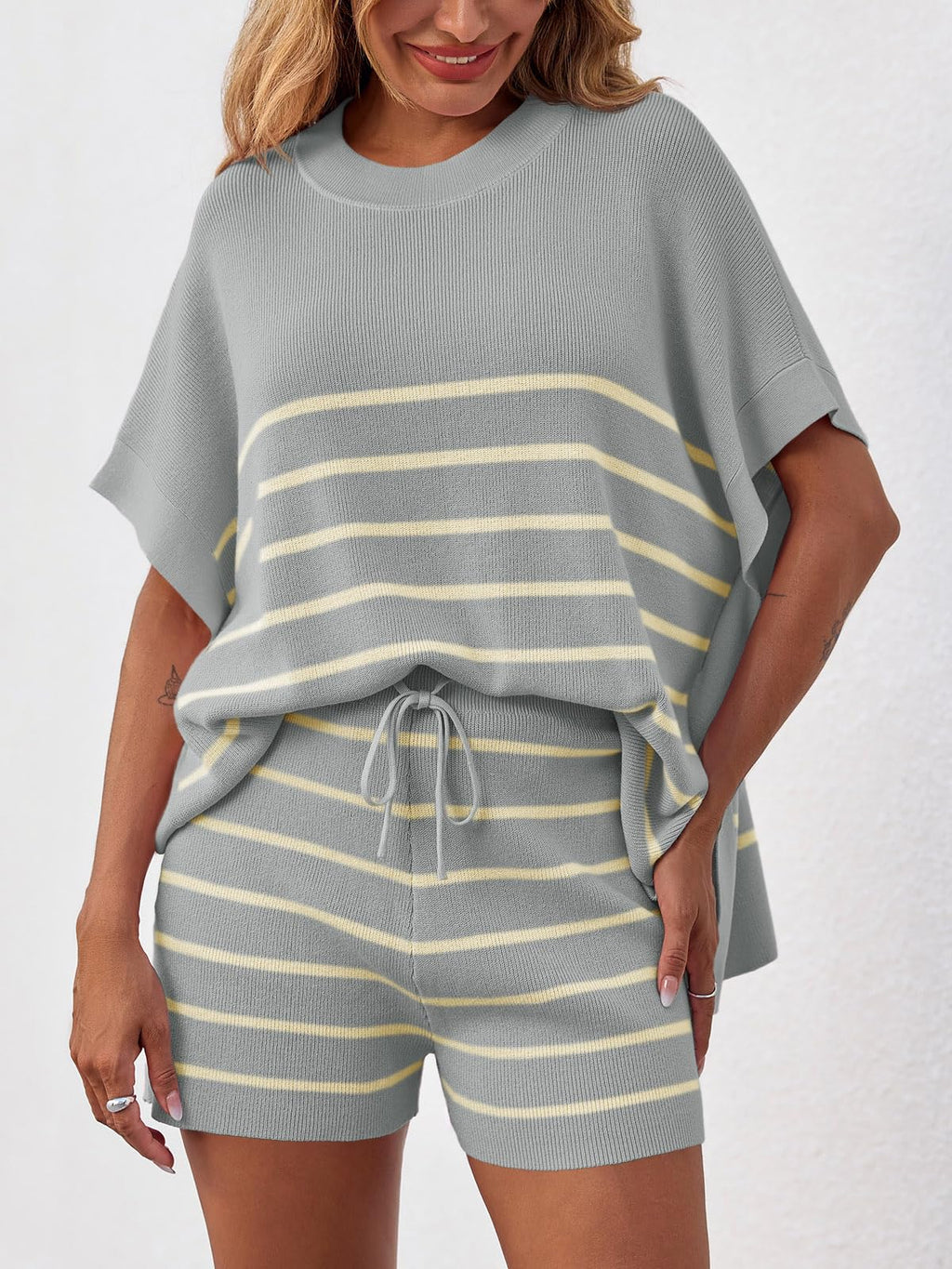 Fisoew Women's Striped 2 Piece Outfits Oversized Batwing Short Sleeve Tops High Waisted Shorts Summer Knit Lounge Short Sets