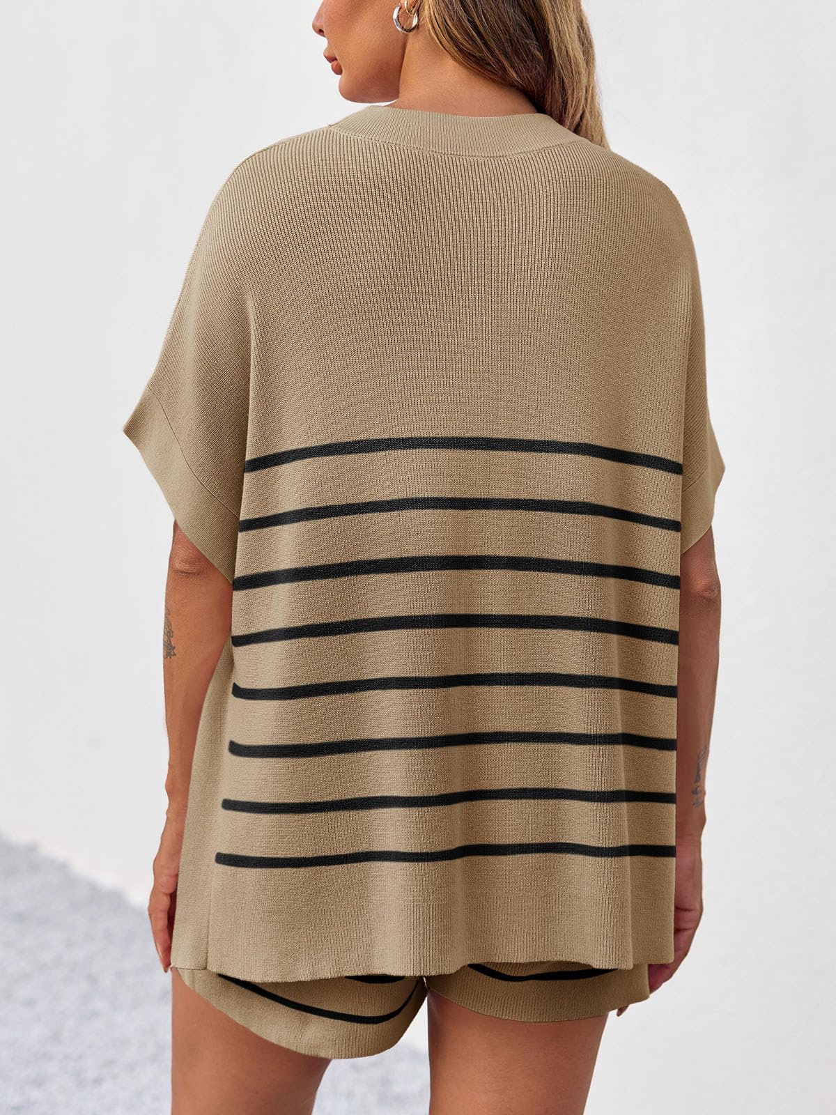 Fisoew Women's Striped 2 Piece Outfits Oversized Batwing Short Sleeve Tops High Waisted Shorts Summer Knit Lounge Short Sets